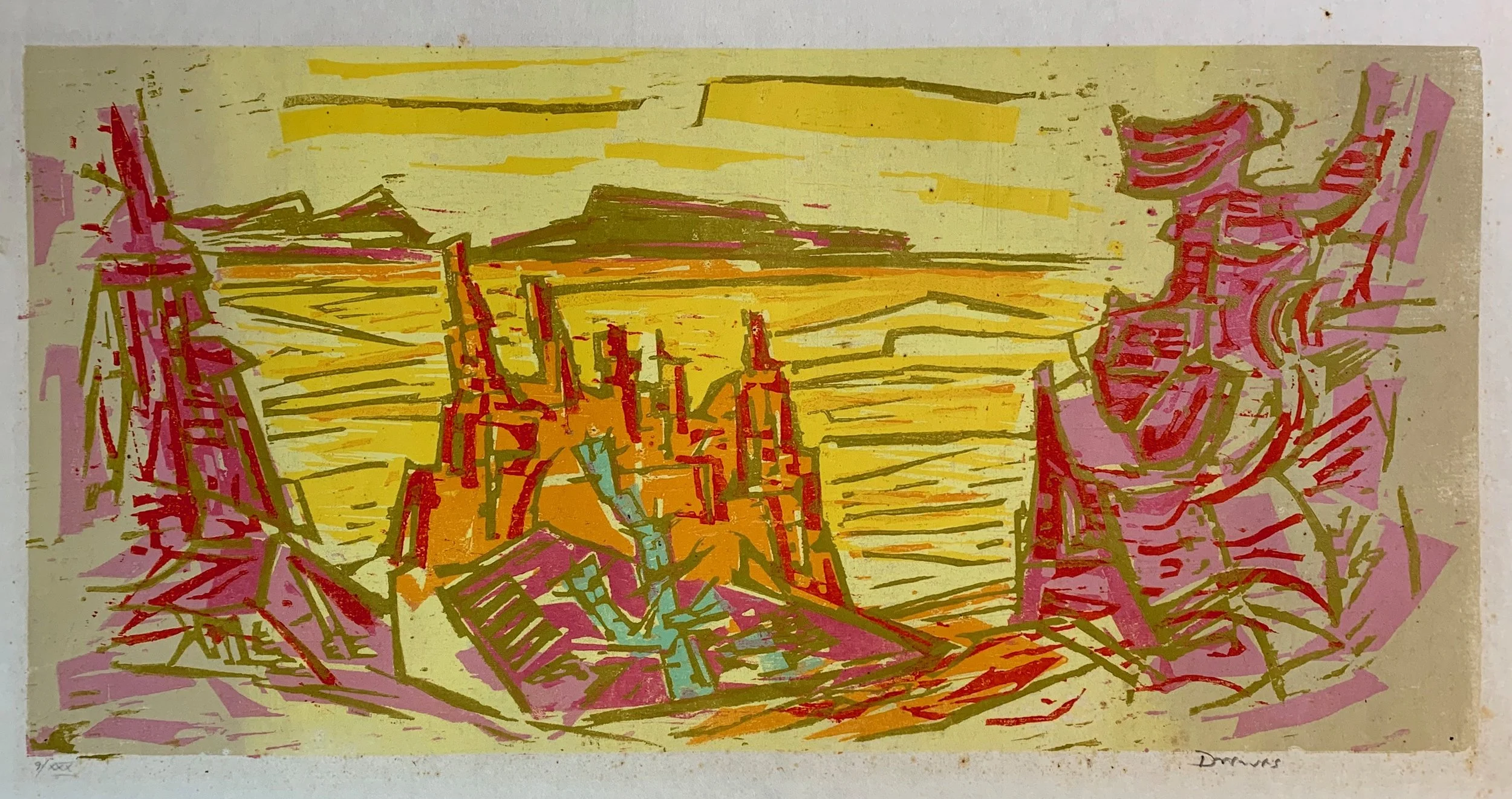  Decent into the Mojave Desert 
Woodblock print
12 x 24 inches