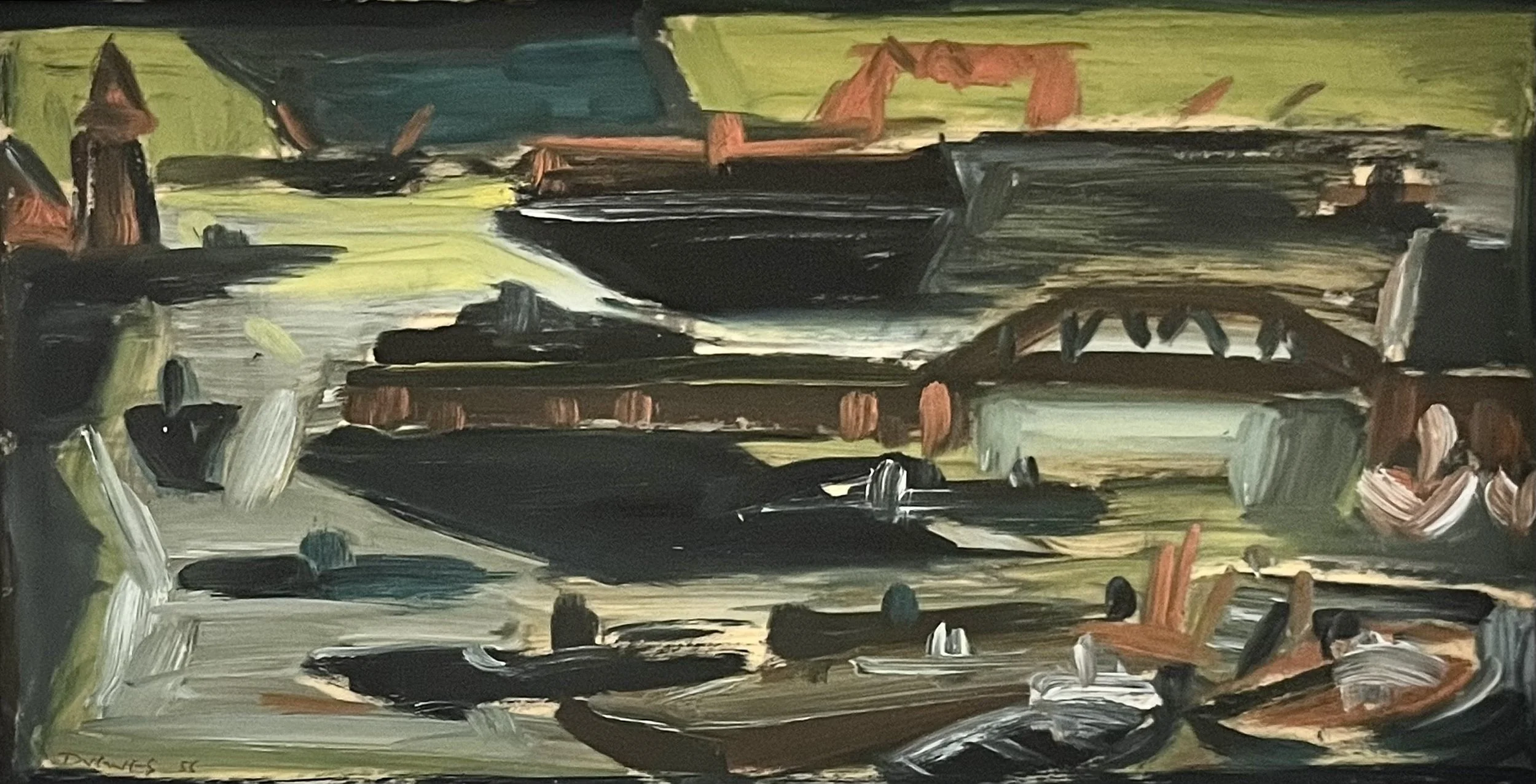  Hamburg Harbor, 1956 
Oil on parchment
7 x 13 ½ inches