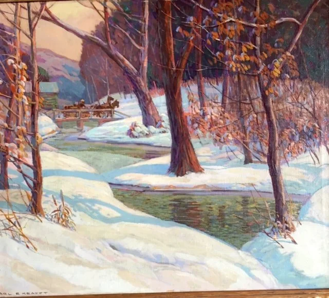 Traveling Across a Snowy Bridge 
Oil on canvas
25 x 29 inches