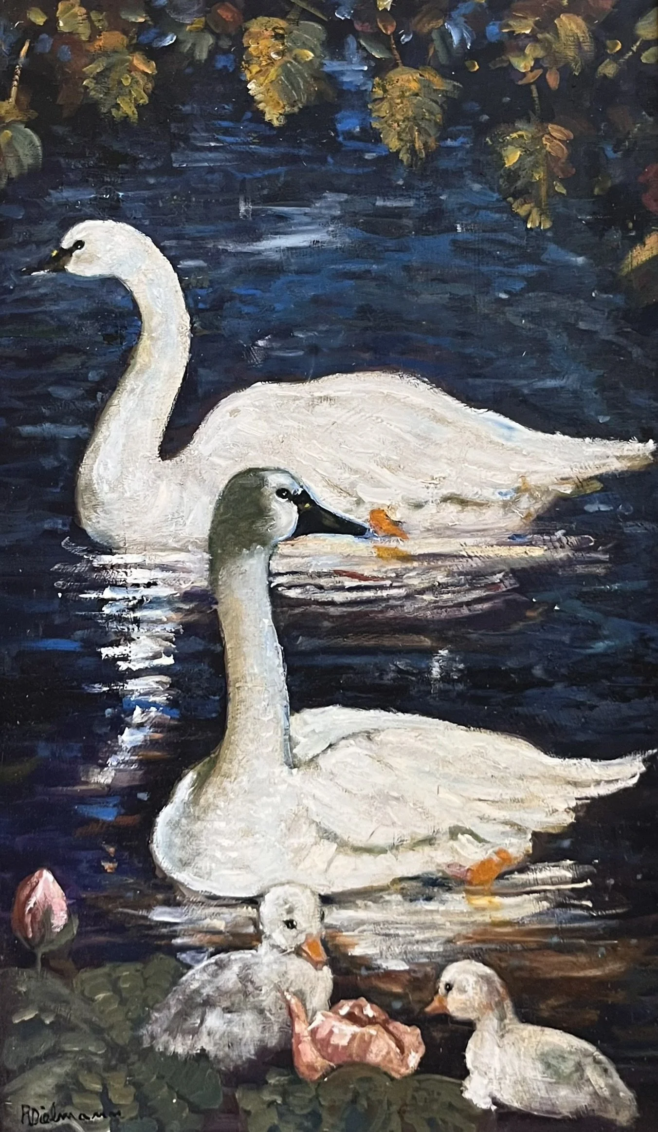  Lafayette Park Swans 
Oil on canvas
23 x 13 inches