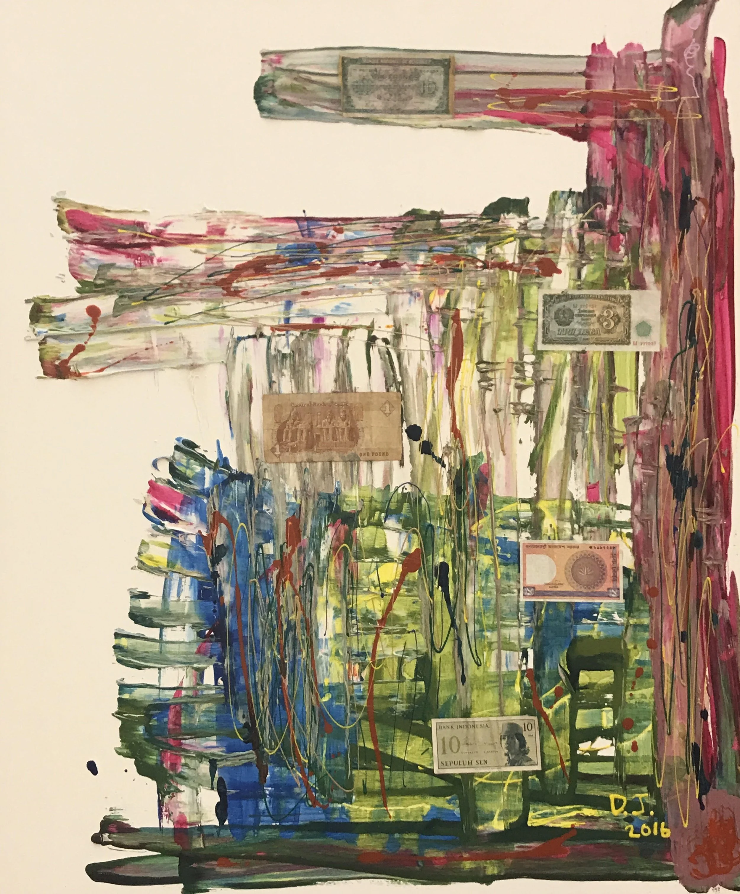  Globalscape 
Acrylic on canvas with currency
35 x 30 inches