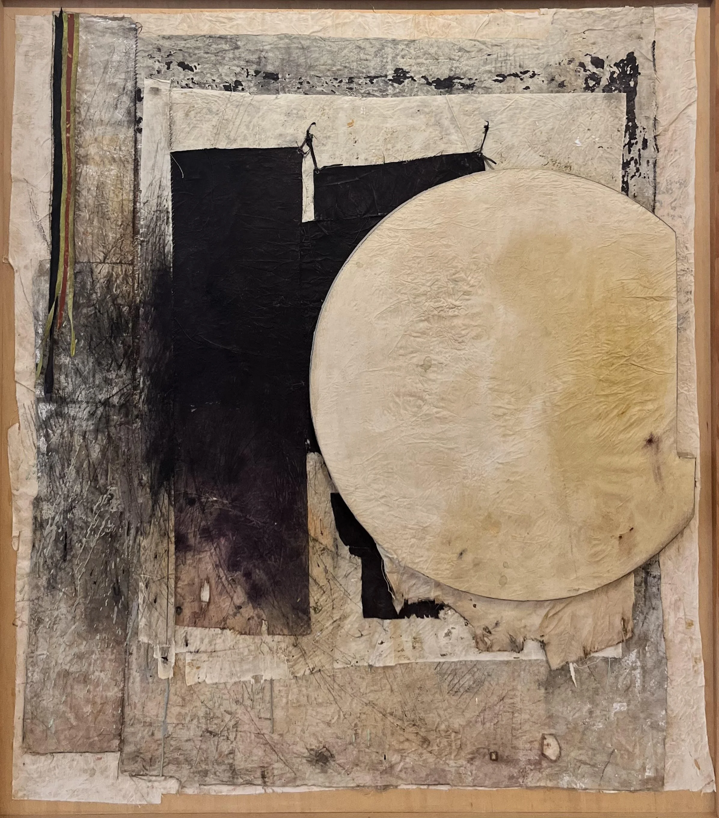  Abstract 
Hand-treated paper, oil, stretched drum on wood
49 ½ x 44 inches