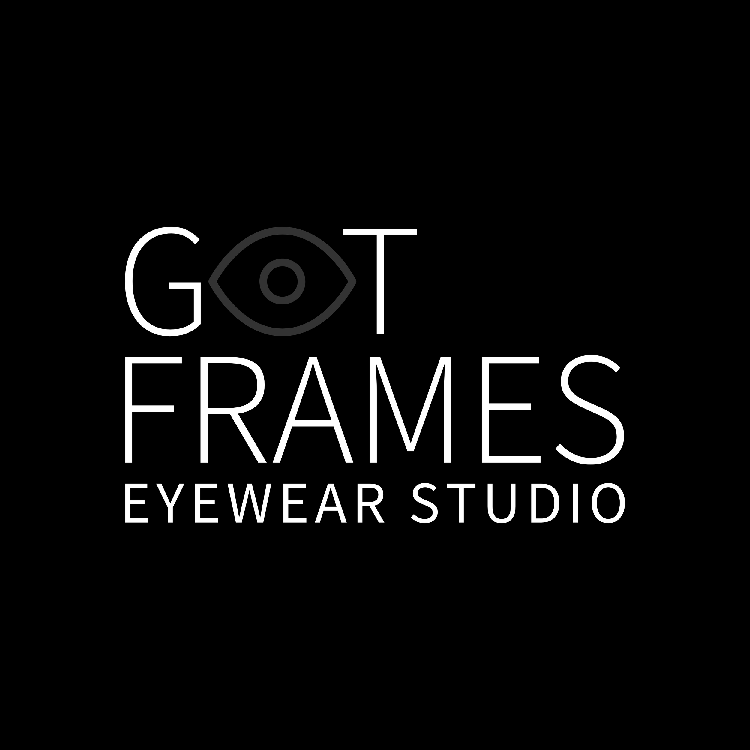 Got Frames Eyewear studio, white logo on black background