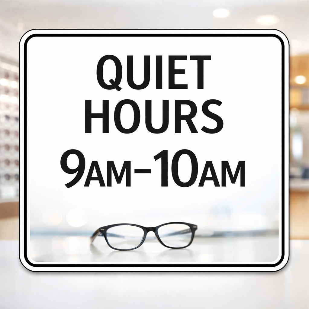 A sign on a glass surface that reads 'Quiet Hours 9AM-10AM' with a pair of black eyeglasses placed in front of it.
