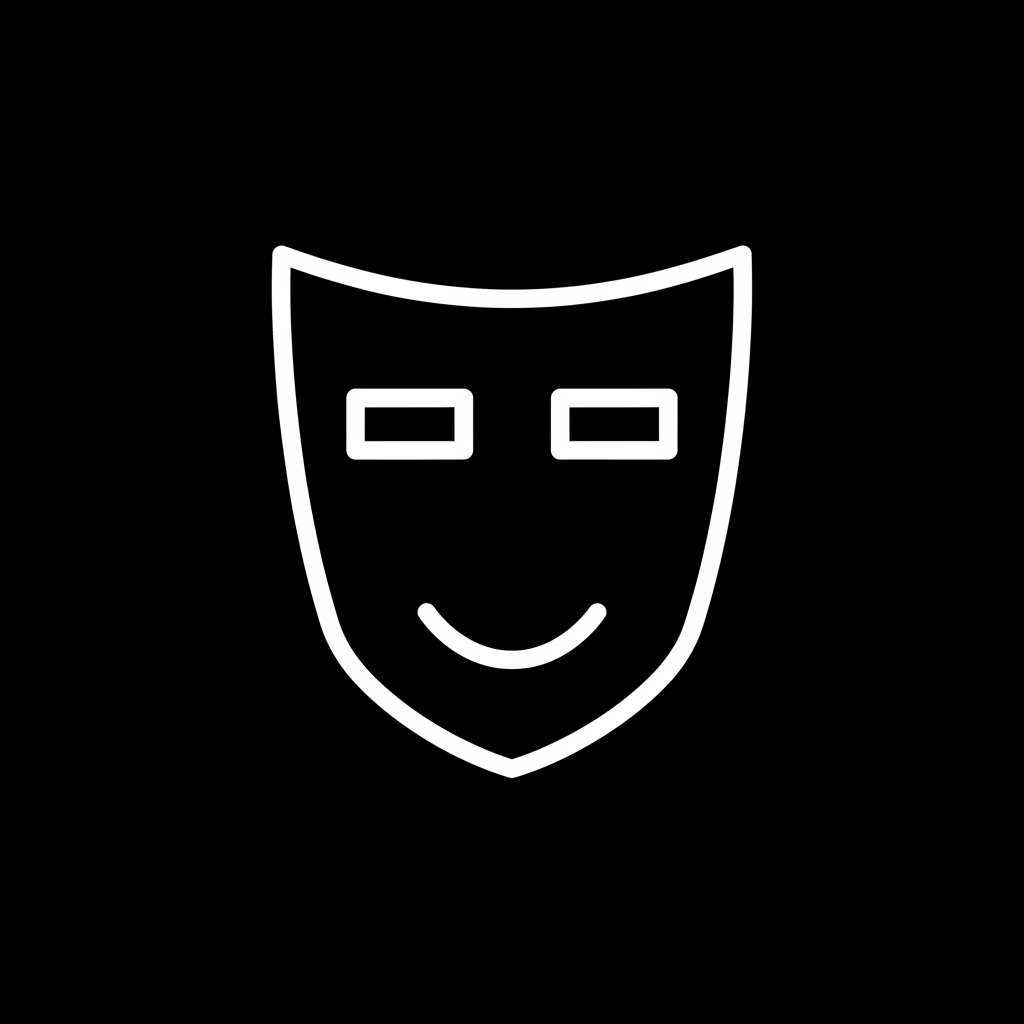Simple black and white icon of a smiling face behind a mask, with rectangular eye holes.