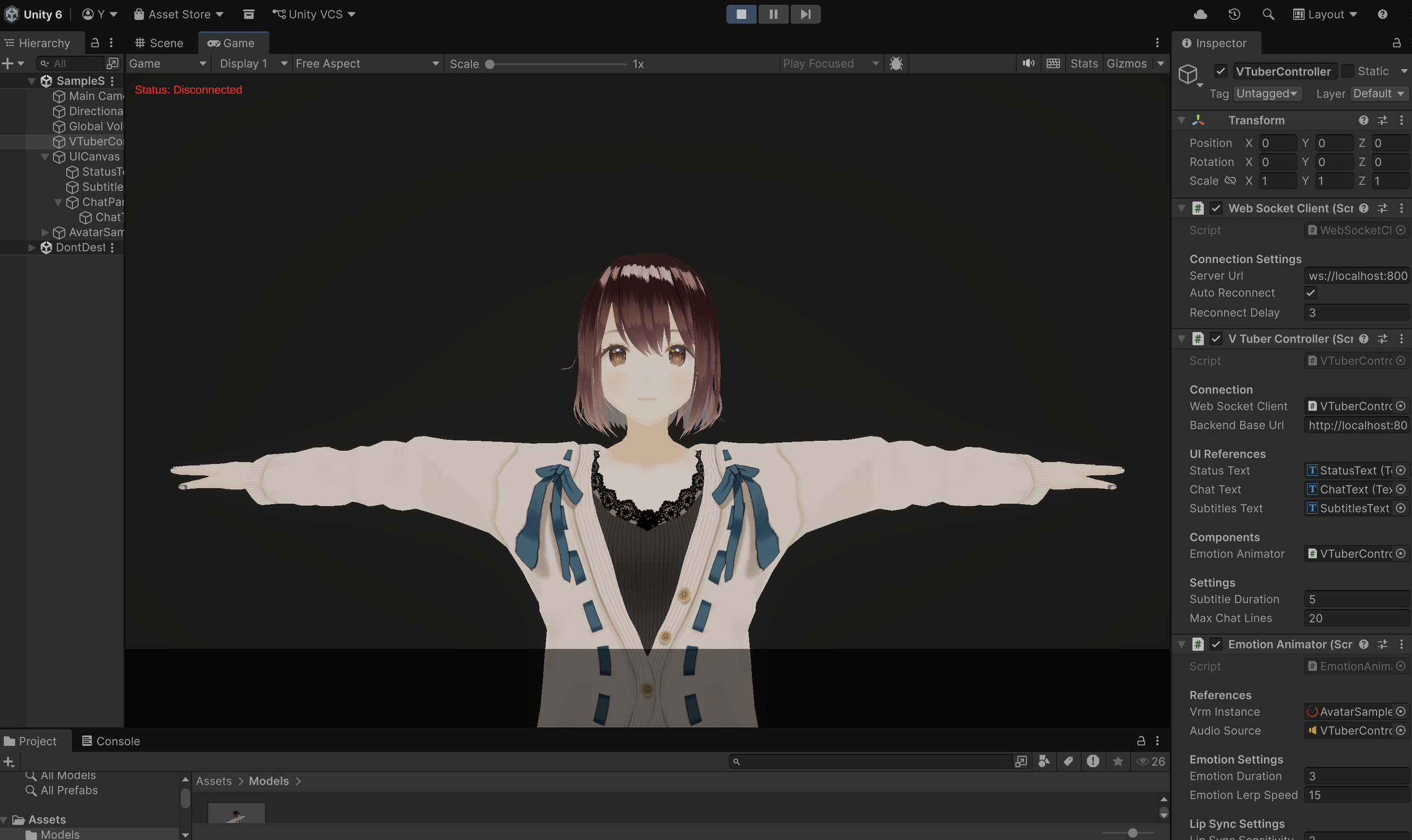 A 3D animated virtual girl with short brown hair, wearing a white sweater with blue ribbons and a black top, standing with arms extended horizontally, in a digital environment.