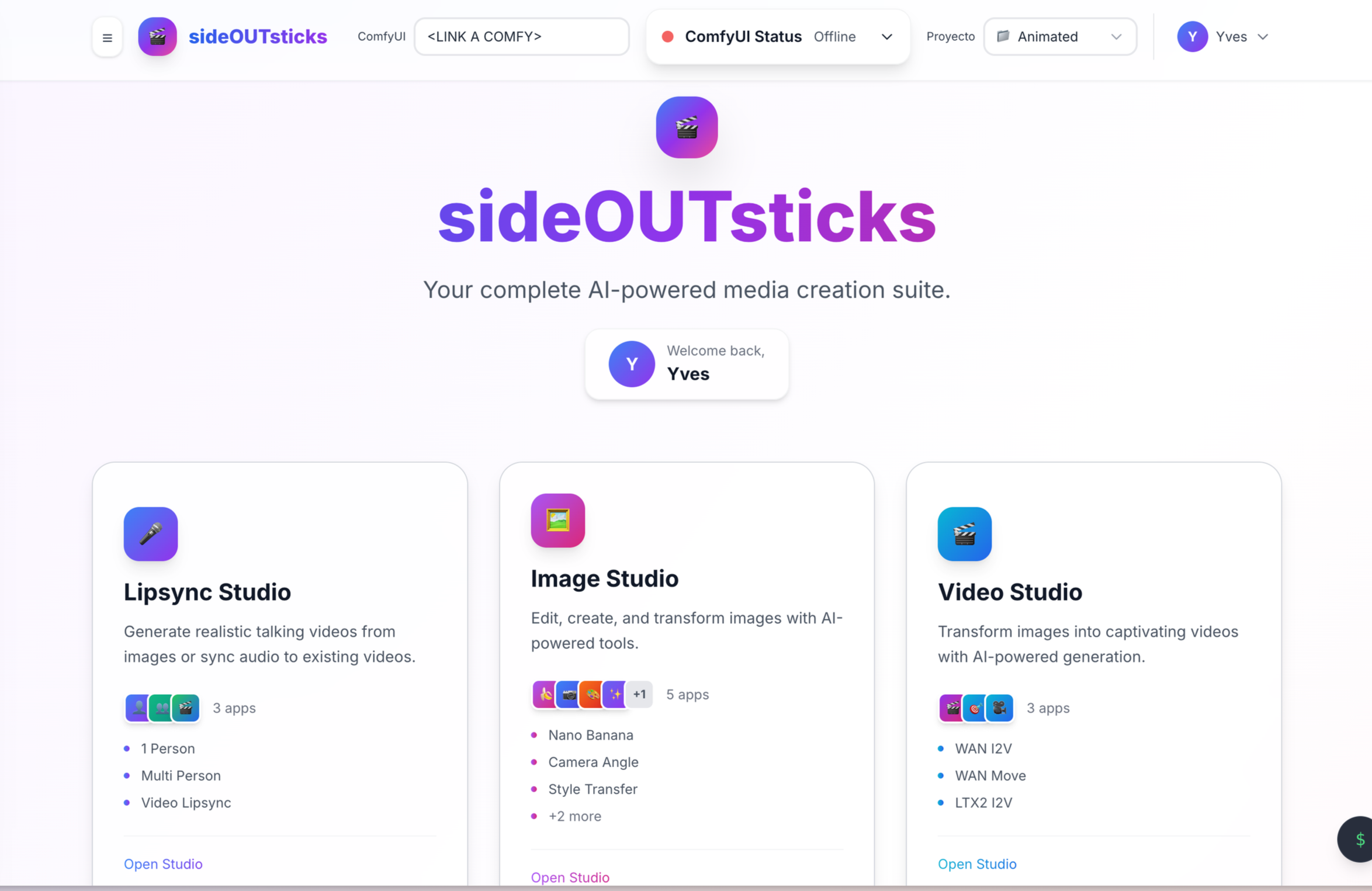 Screenshot of an AI-powered media creation suite webpage named sideOUTsticks. The page features options for LipSync Studio, Image Studio, and Video Studio, with descriptions and icons for each tool. The user, Yves, is logged in, and the interface indicates the status as offline with project and mode options.