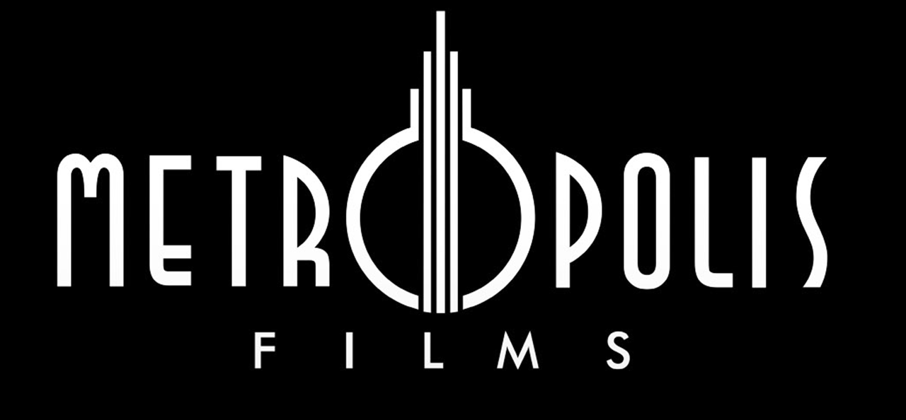 Black background with the white logo of Metropolis Films, featuring modern, stylized text and a circular design element.