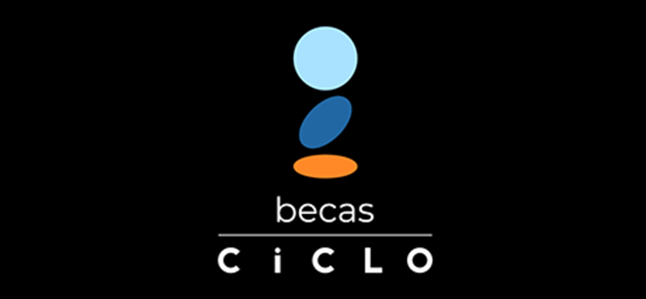 Logo of Becas Cíclo with stylized abstract shapes and text on a black background.
