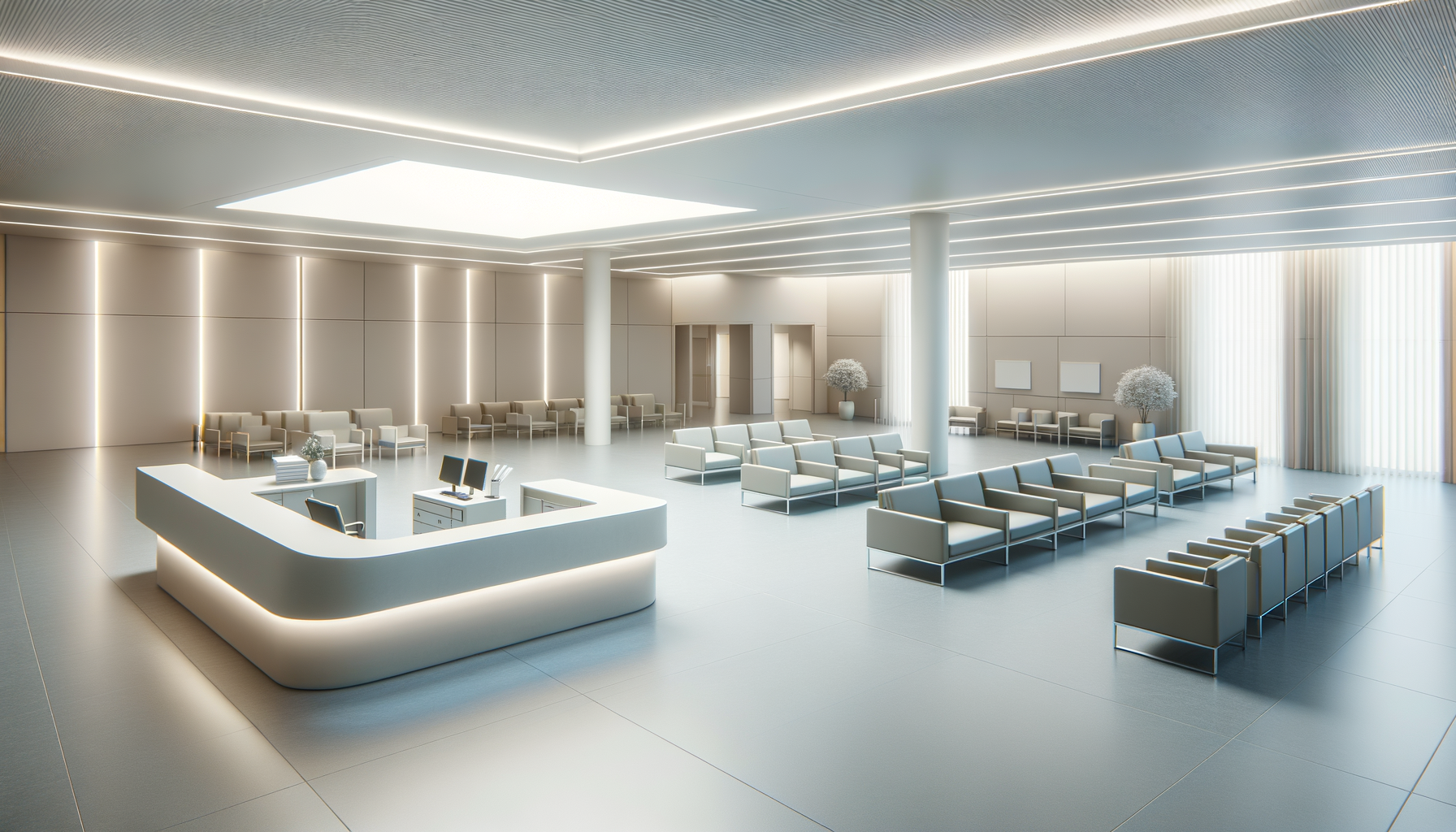 Modern, spacious waiting area with multiple rows of cream-colored chairs, a curved reception desk with a computer and decorative items, large windows with curtains, and minimalistic decor including potted plants and framed artwork.
