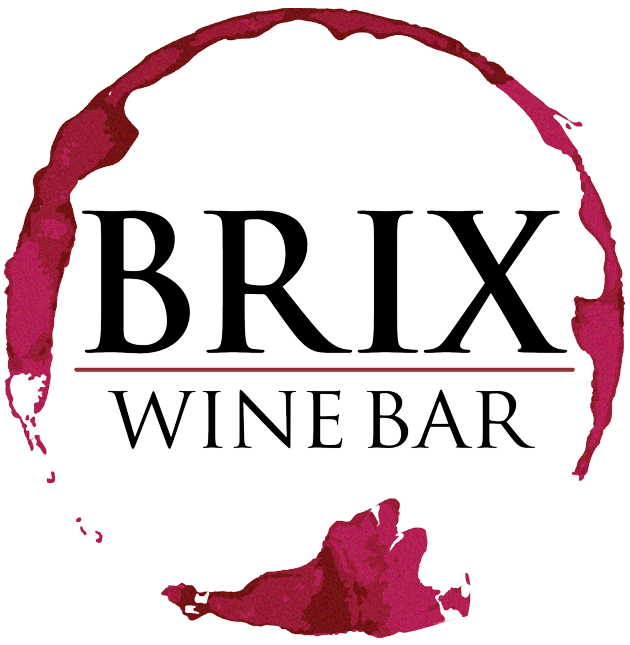 Logo for Brix Wine Bar featuring the text "BRIX" in large font and "WINE BAR" below in smaller font, with a wine splash design around the logo.
