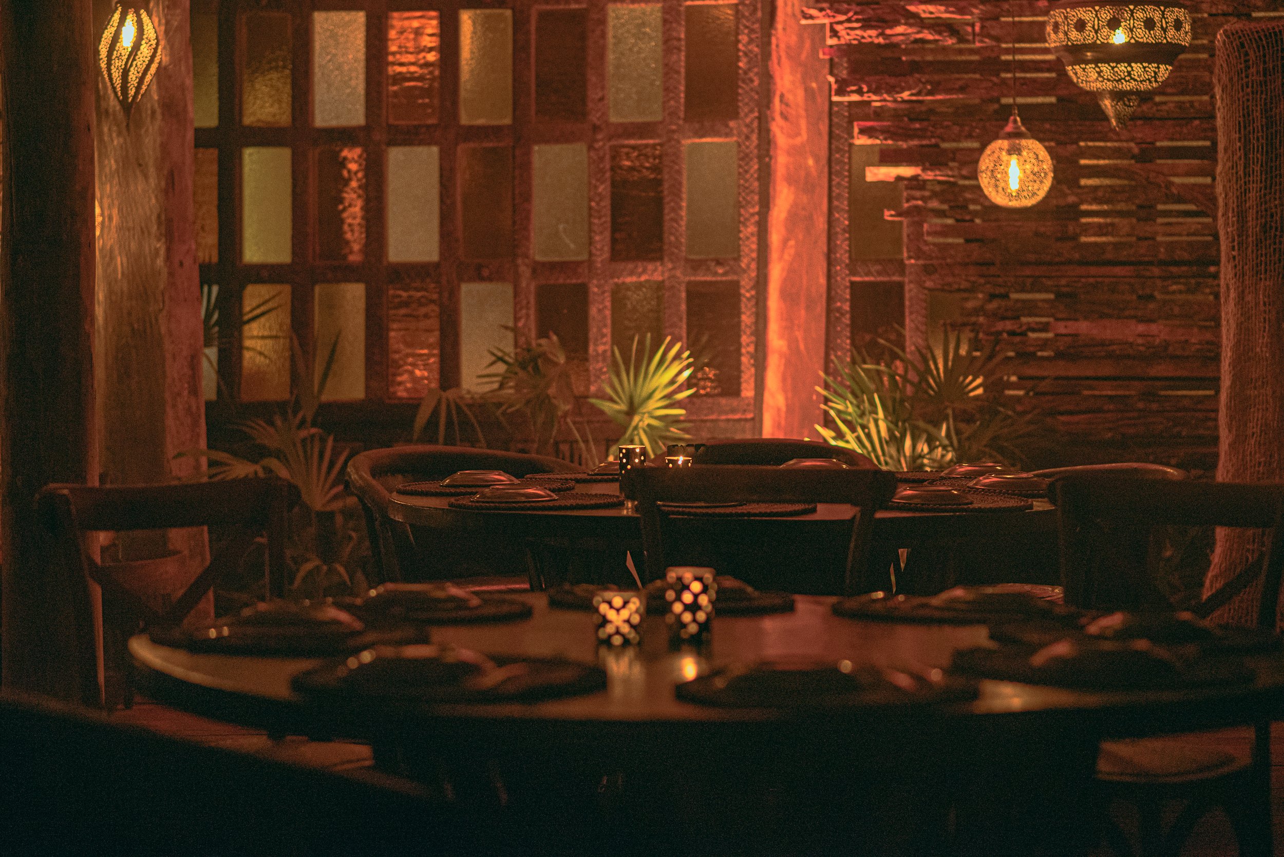 A dimly lit restaurant with round tables set with plates, glasses, and silverware, illuminated by warm, hanging pendant lights and decorated with indoor plants, featuring a rustic wooden wall and window in the background.