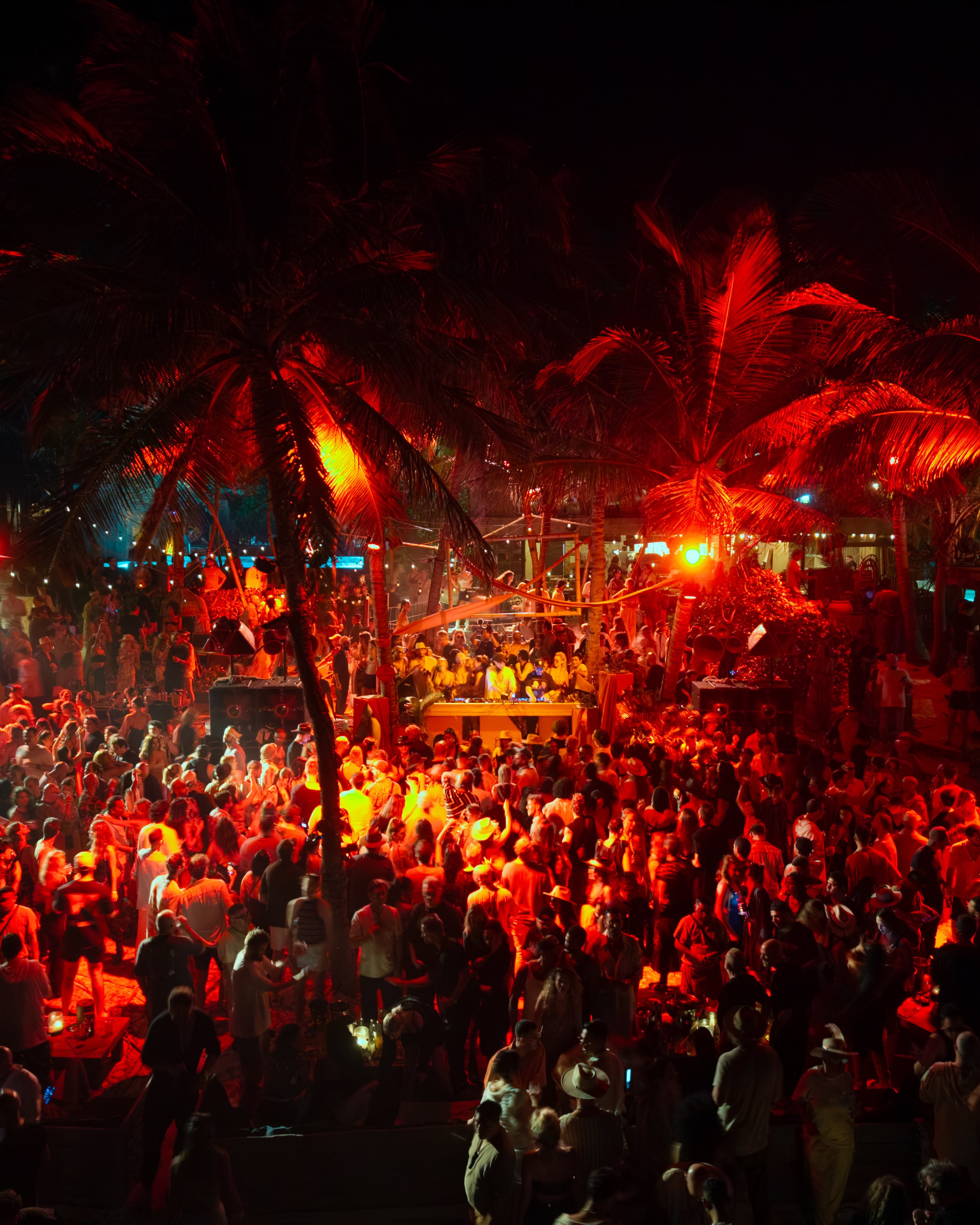 Nighttime outdoor party with a large crowd of people, palm trees, and colorful lighting.