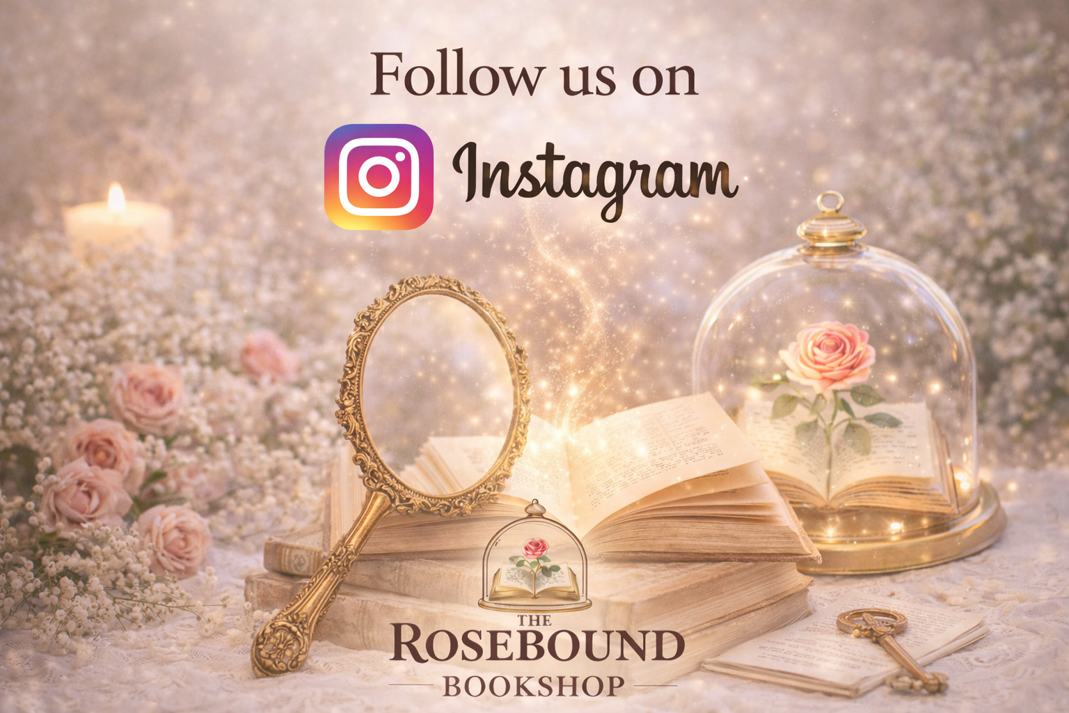 Decorative scene with open books, pink roses in glass domes, a gold ornate mirror, a small framed rose illustration, and an antique key, all surrounded by fairy lights and flowers, with the text 'Follow us on Instagram' and 'The Rosebound Bookshop'.