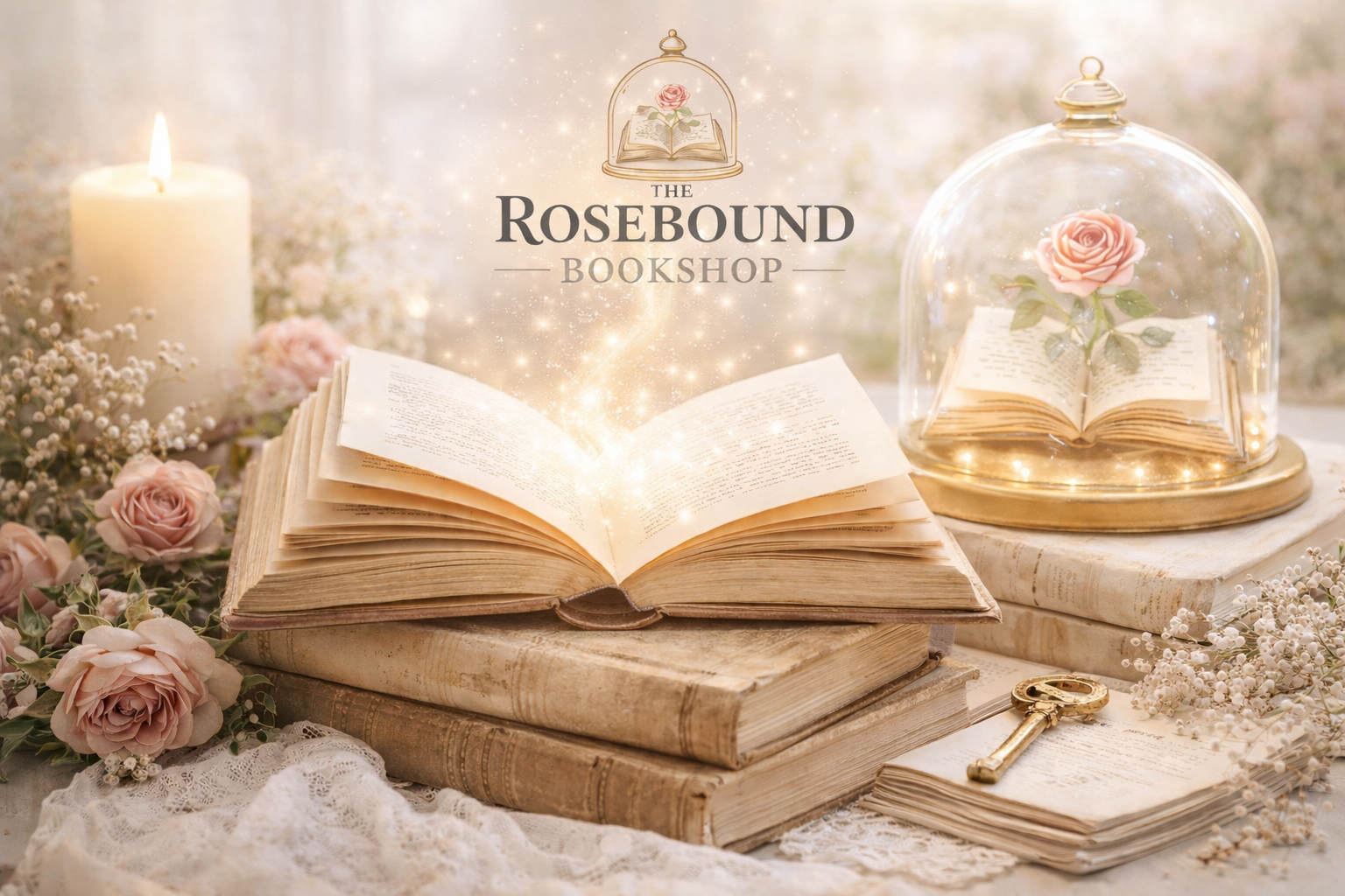 Open vintage books with glowing sparkles, surrounded by pink roses and baby's breath flowers, candle, and a glass dome with a rose and an open book inside, with the logo of the Rosebound Bookshop above.