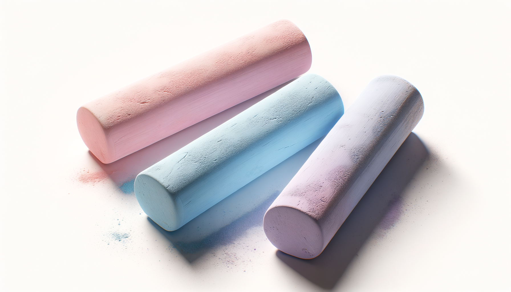 Three pastel-colored chalks in pink, blue, and purple lying on a white surface with chalk dust scattered around.