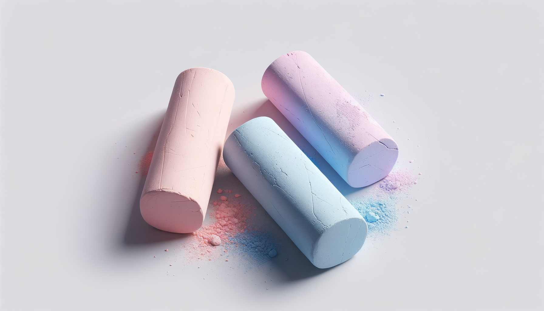 Pastel-colored chalks on a white surface with chalk dust surrounding them.