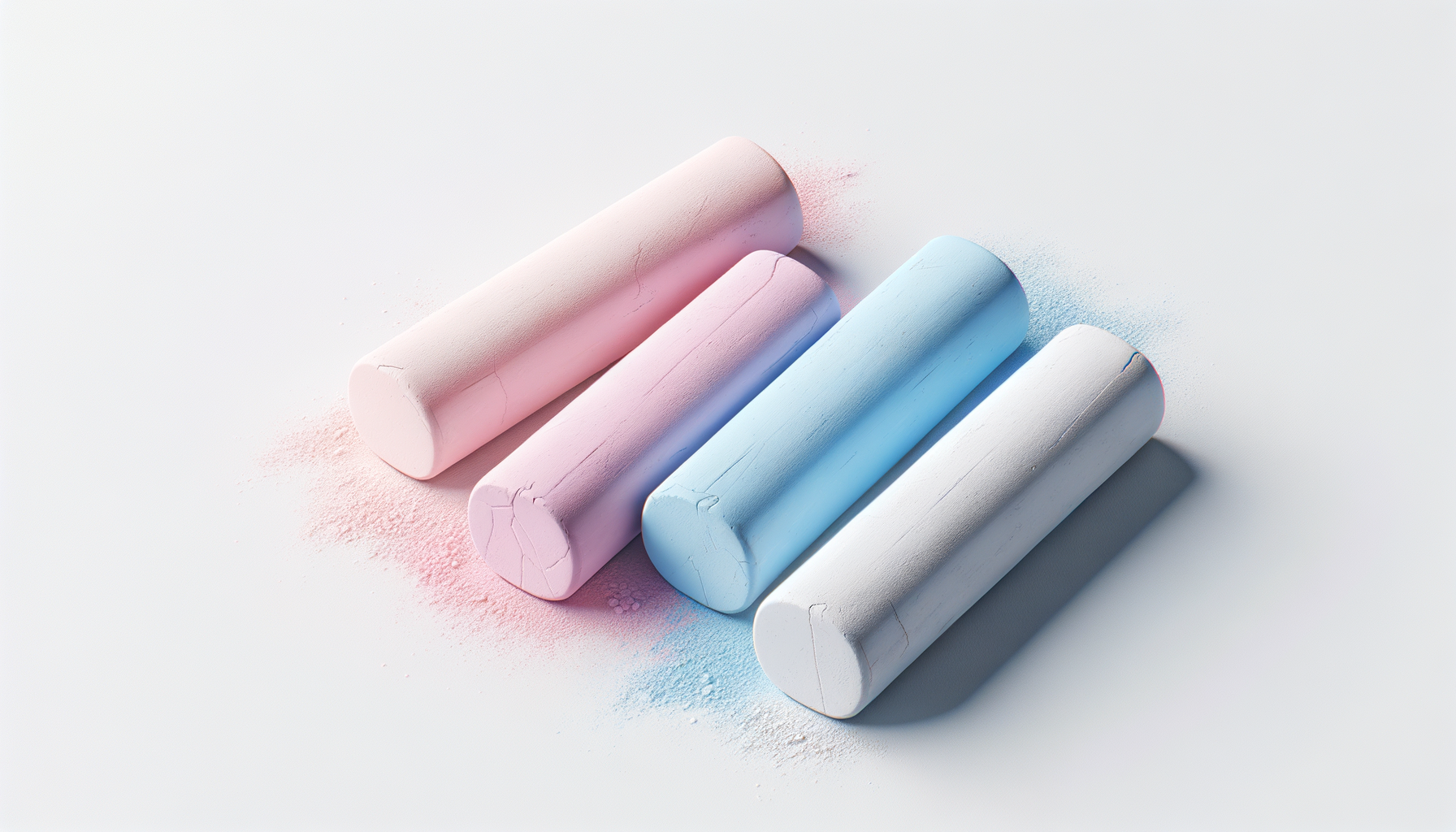 Four pastel-colored chalks (pink, purple, blue, white) arranged in a row on a white surface, with chalk dust scattered around.