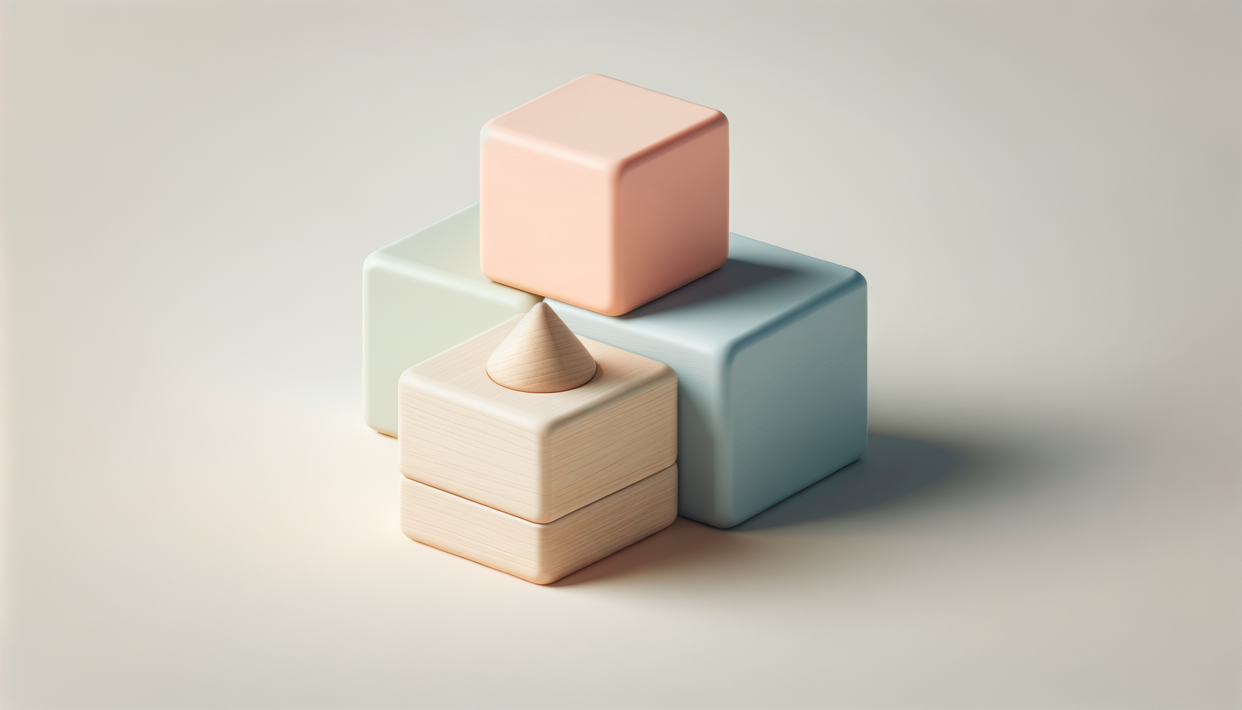Stacked pastel-colored wooden blocks of different shapes and sizes on a neutral background.