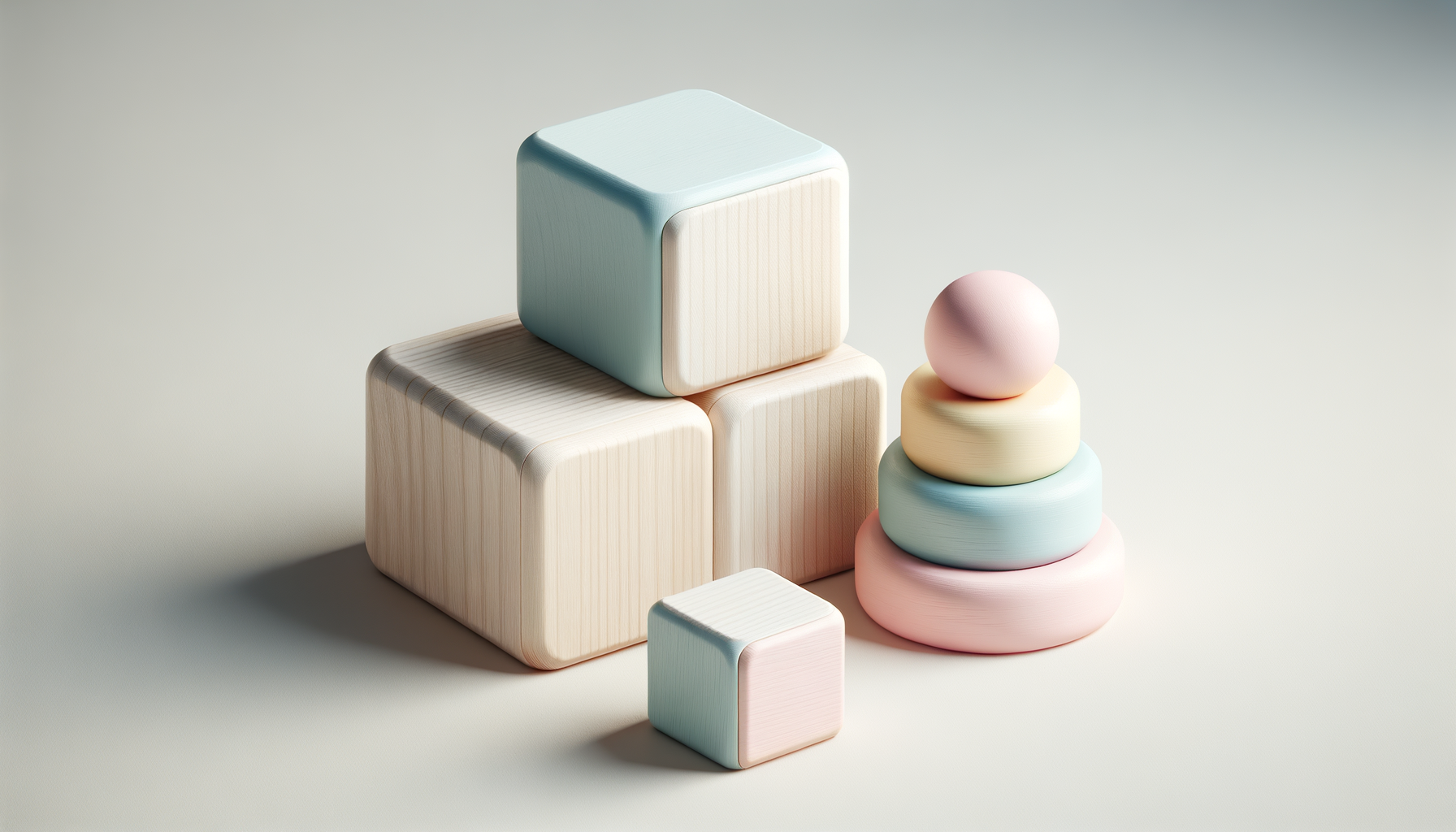 Stacked pastel-colored wooden blocks and geometric shapes on a light background.