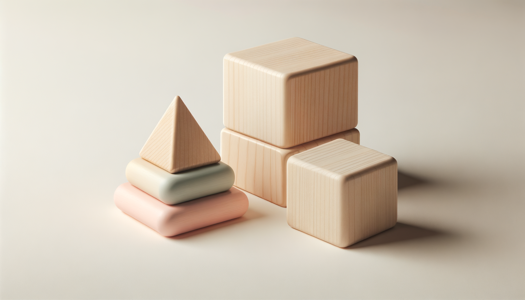 Stacked wooden blocks and a pyramid of pastel-colored soft blocks on a neutral surface.