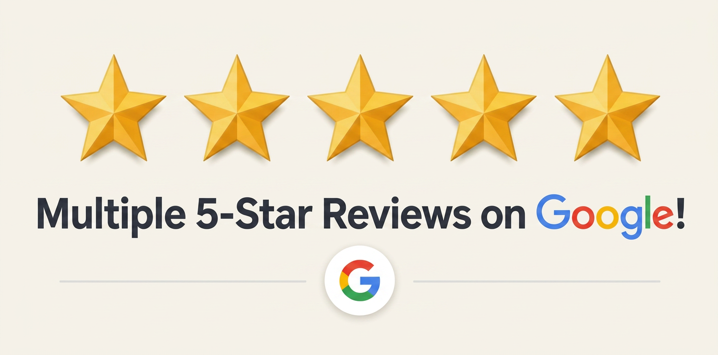 Five gold stars above the text 'Multiple 5-Star Reviews on Google!' with the Google logo below.