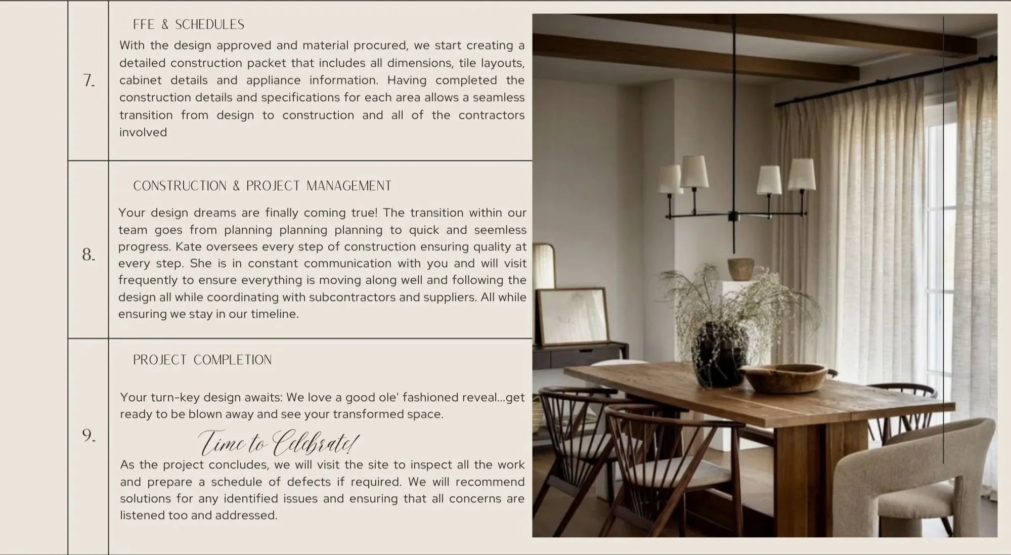 Steps for Haus Interiors general contractor process with an image of a dining room next to it.