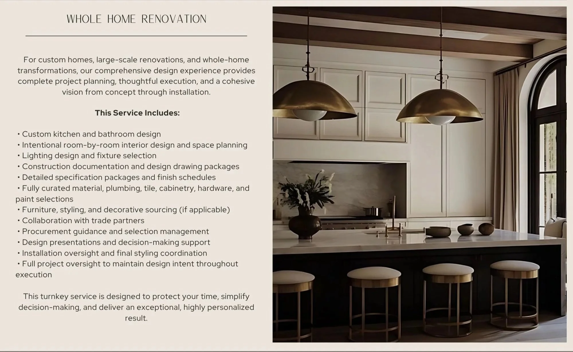Interior view of a modern kitchen featuring a large window with an arched top, white built-in cabinets with molding, two large brass pendant lights, a marble fireplace, a dark vase with flowers, and a dark kitchen island with five round white-backed bar stools.