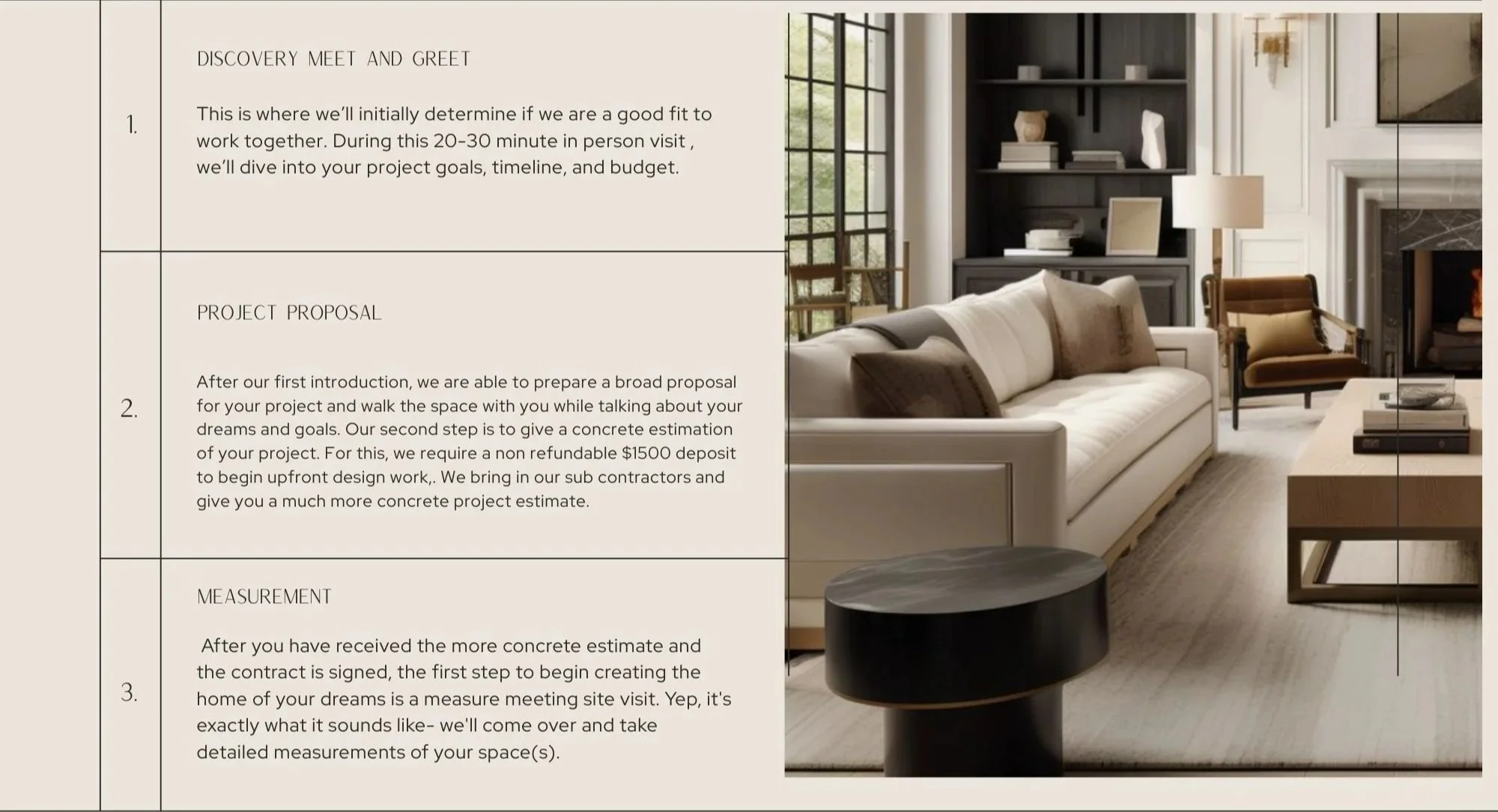 Steps for Haus Interiors general contractor process with an image of a living room next to it.