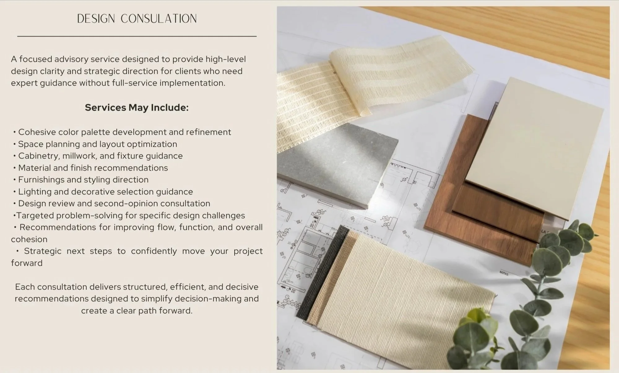 Interior design consultation flyer with samples of fabric, color palettes, and wood finishes, along with architectural blueprints on a wooden table, and a small green plant in the corner.