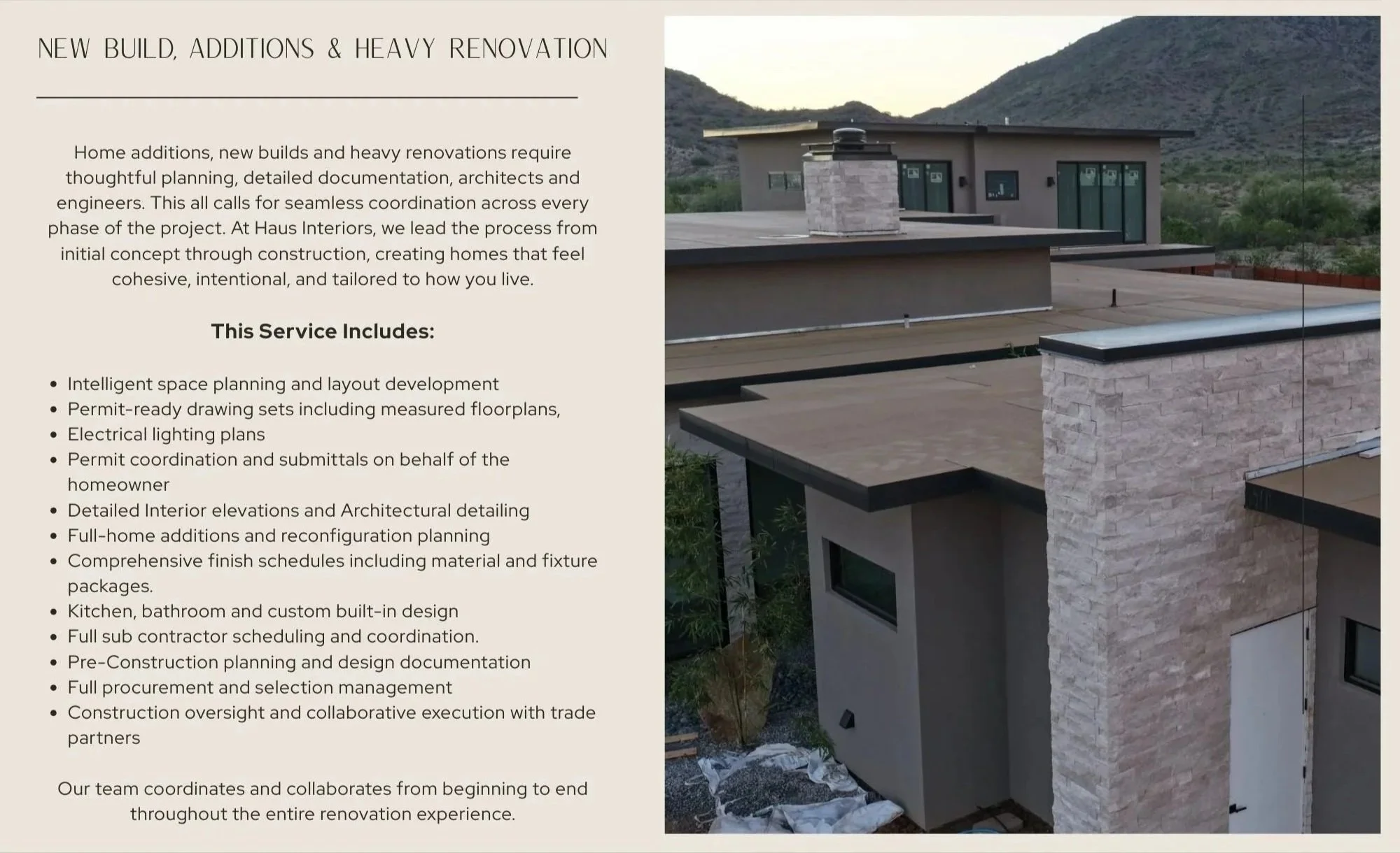 Flyer for new home construction, additions, and renovation services featuring a modern house with flat roofs, stone accents, and large windows, set against desert mountains.