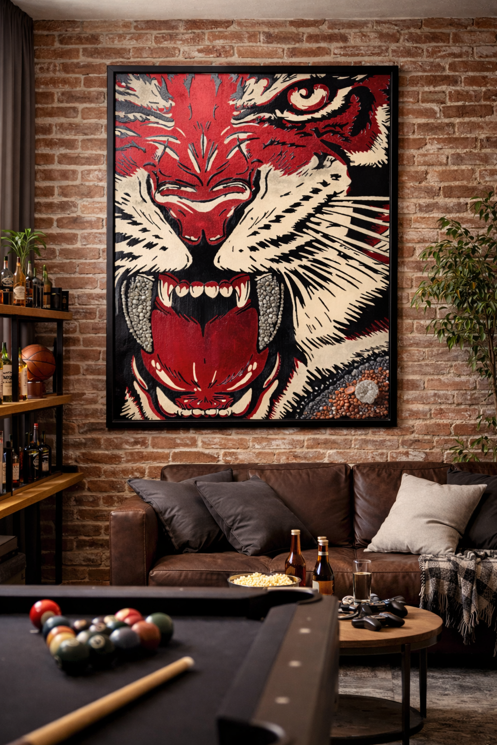 Furie Solaire de Maison Cent Onze, peinture originale avec cristaux incrustés, mise en situation dans un salon urbain avec mur de briques.