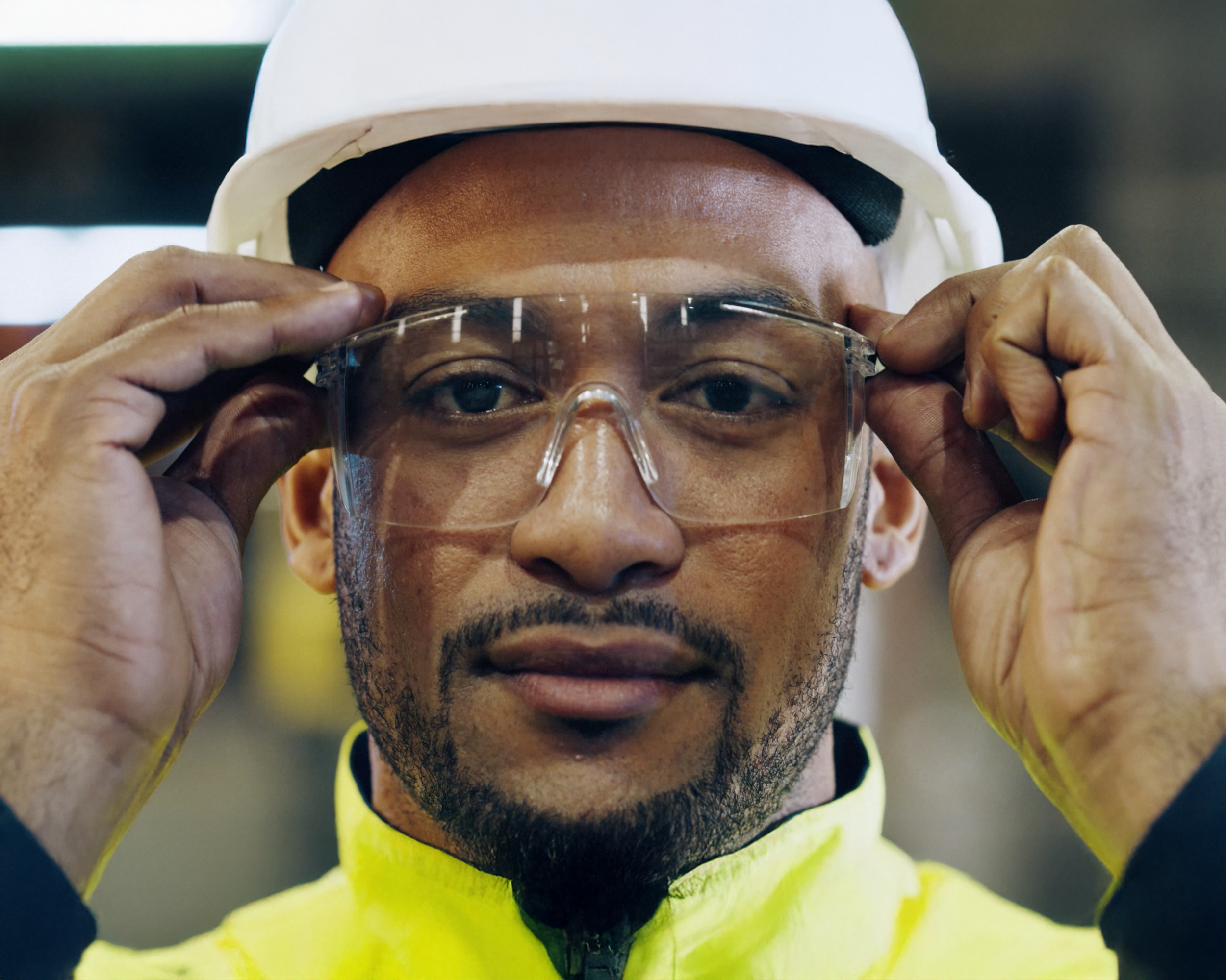 A man wearing a white safety helmet and glasses.