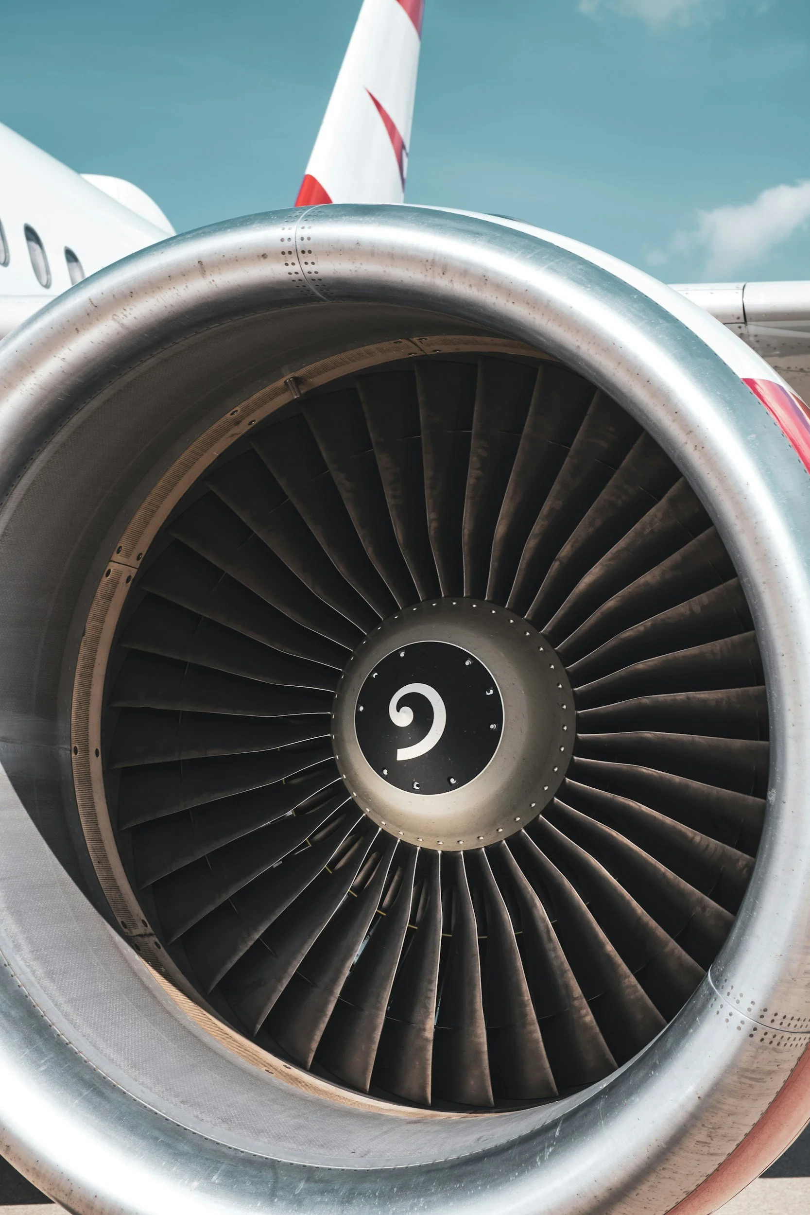 Close-up of an aircraft jet engine.