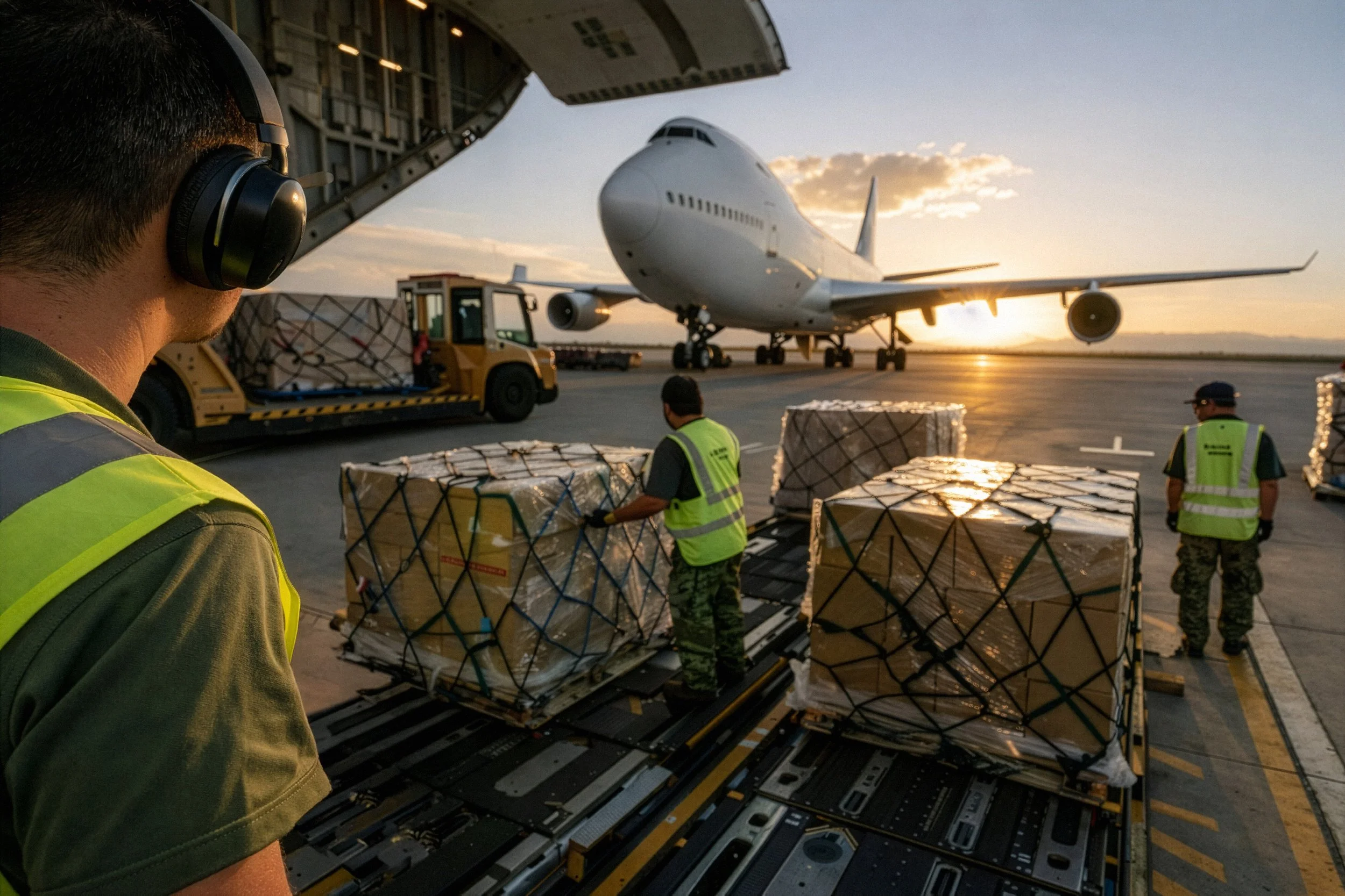 Airport cargo crew loading luggage onto an airplane.