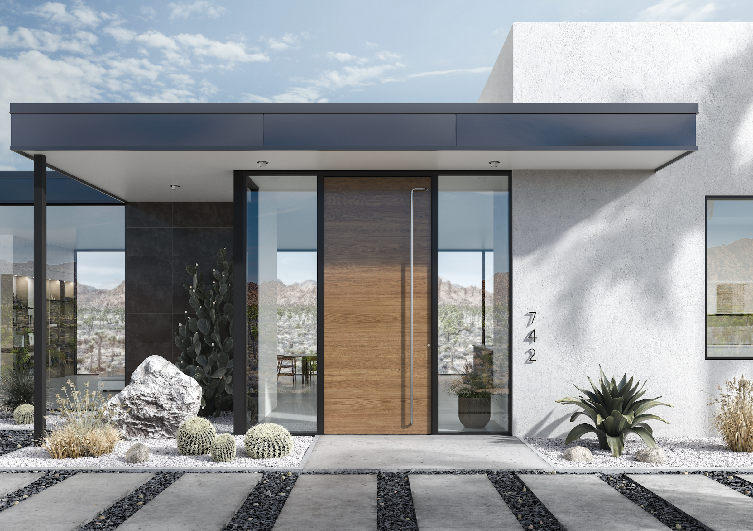 Fleetwood 4400T Wood Pivot Door – Flat-Sliced White Oak Finish with Brushed Stainless Steel Full-Height Pull