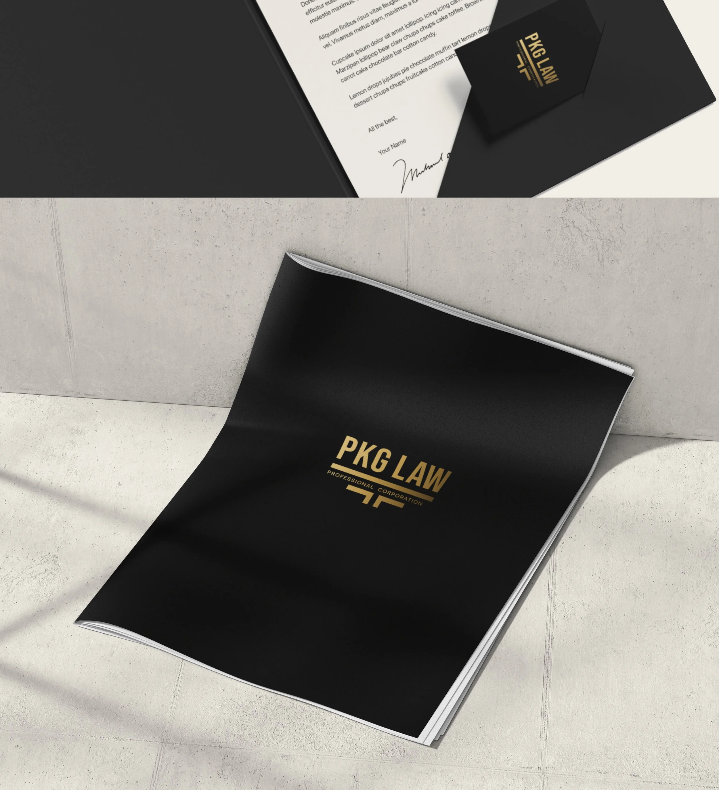 PKG Law (branding)
Logo + booklet mockups: "PKG Law Professional Corporation logo design — black and gold law firm branding by AXÉA Studio"