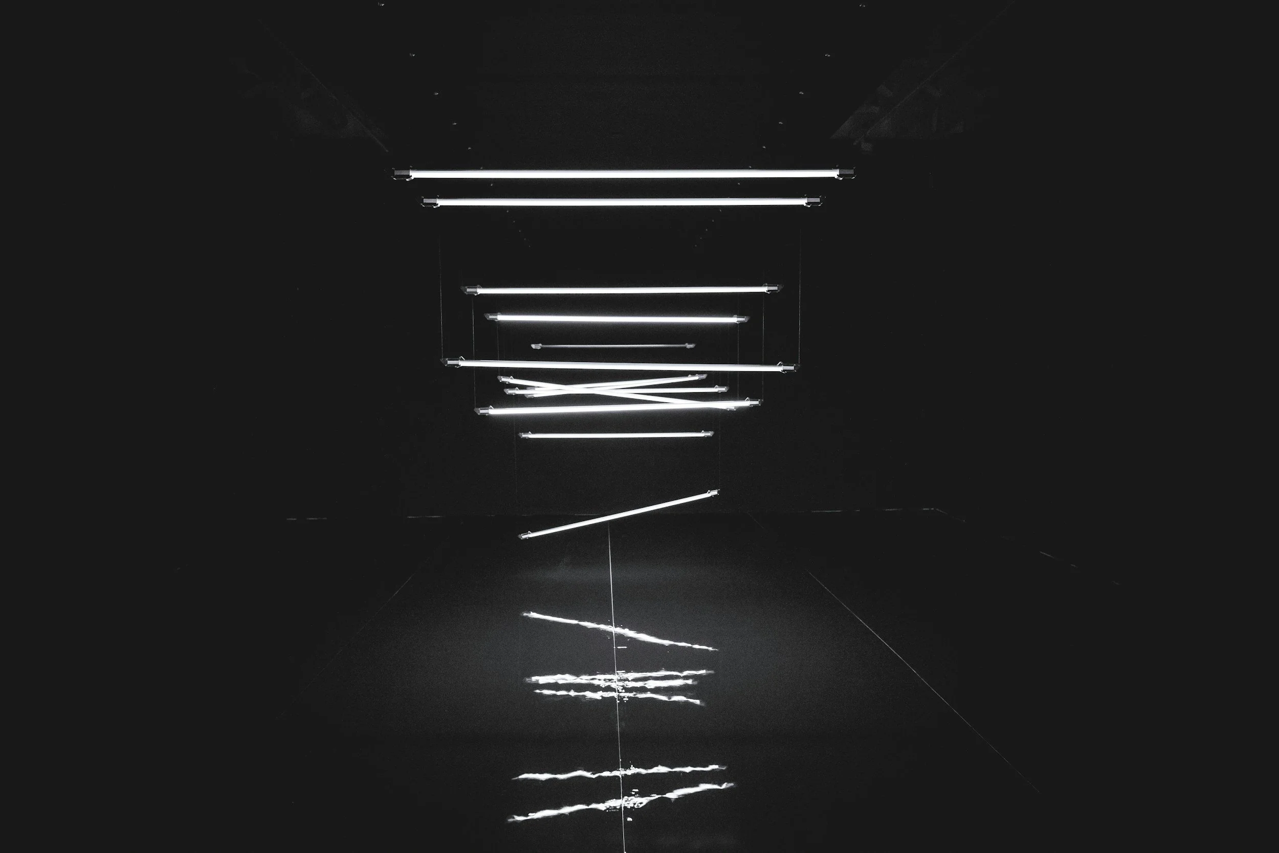 Abstract black and white installation of suspended linear light elements arranged vertically in a dark space, creating a structured, layered composition.