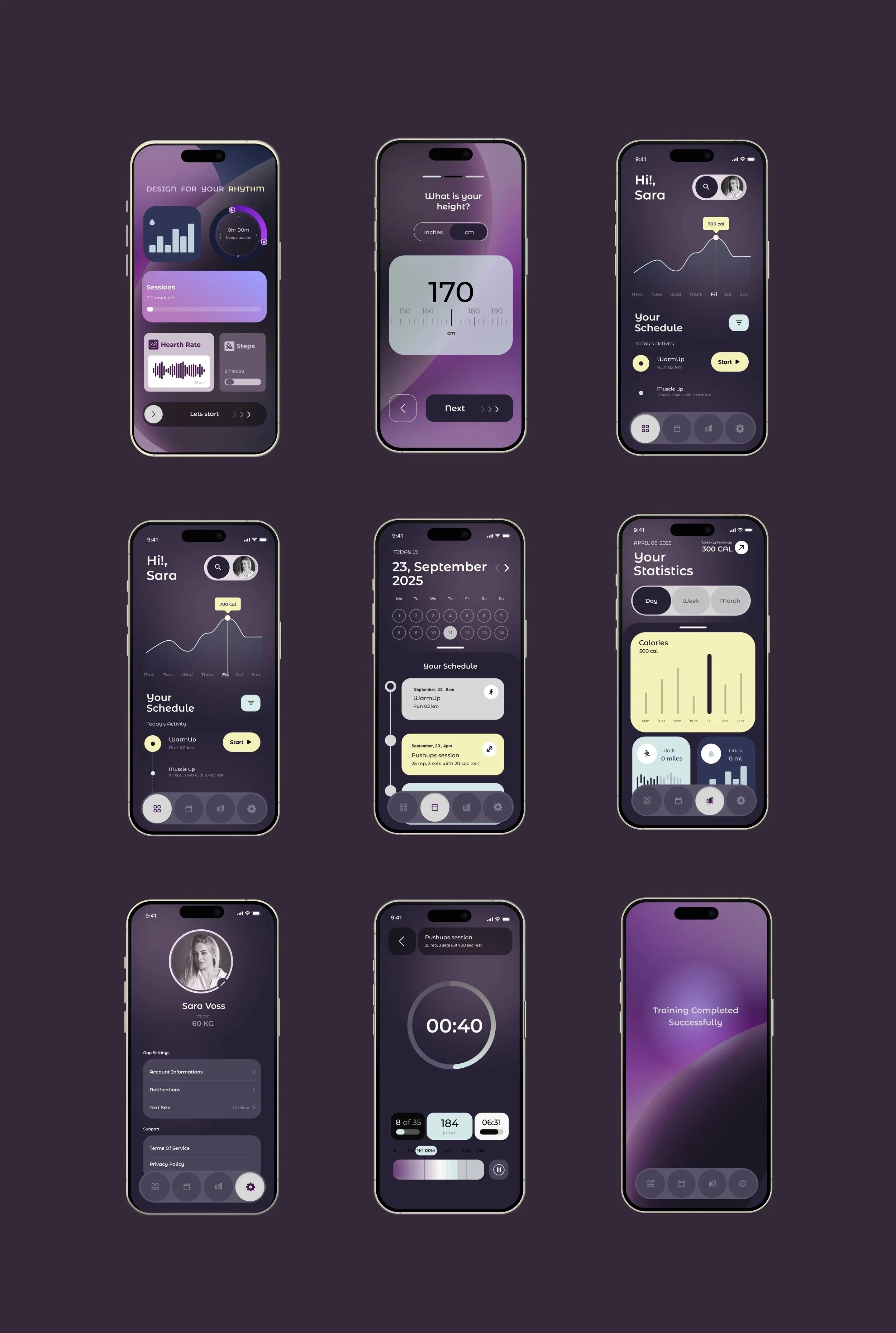 Screenshots of a fitness tracking app displayed on mobile phones, showing various features like workout stats, schedules, heart rate monitoring, step counts, progress graphs, user profile, and training completed message, with a dark purple background