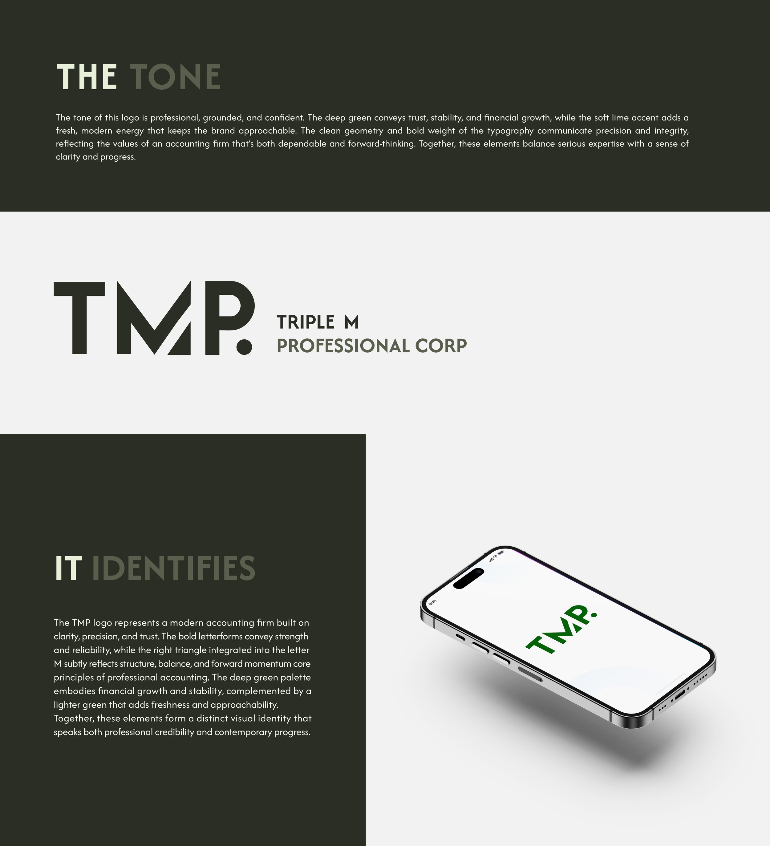 A website design showcasing a logo with the text 'TMP' and the phrase 'TRIPLE M PROFESSIONAL CORP', alongside a smartphone displaying the same logo, with descriptive text about the logo's design principles.