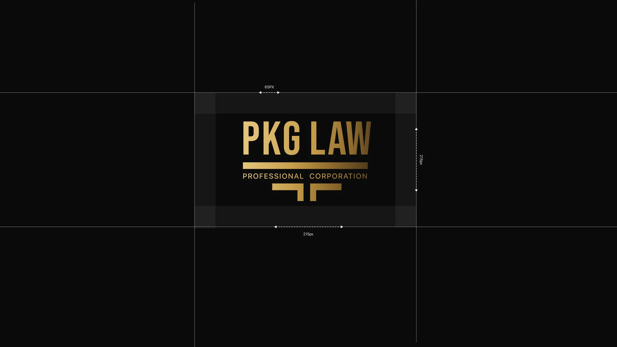 PKG Law logo design in black and gold with modern serif typography on a dark background