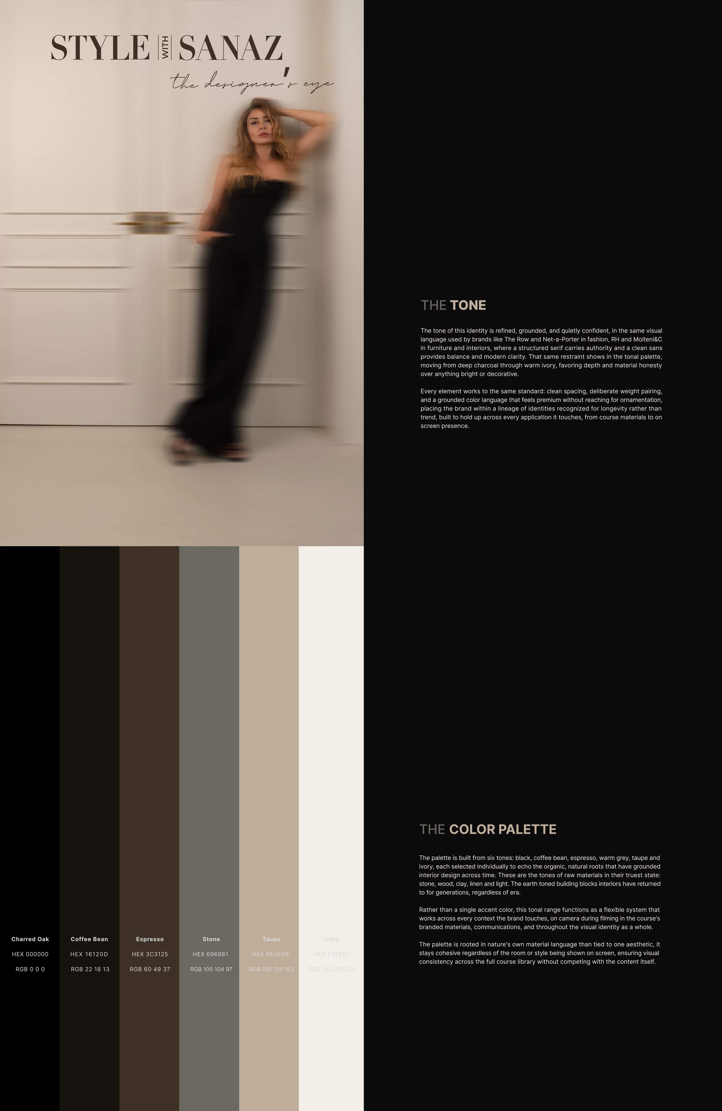 A woman in a black outfit standing against a cream-colored wall with a blurred effect on her, with text about interior design and color palette on a dark background to the right.