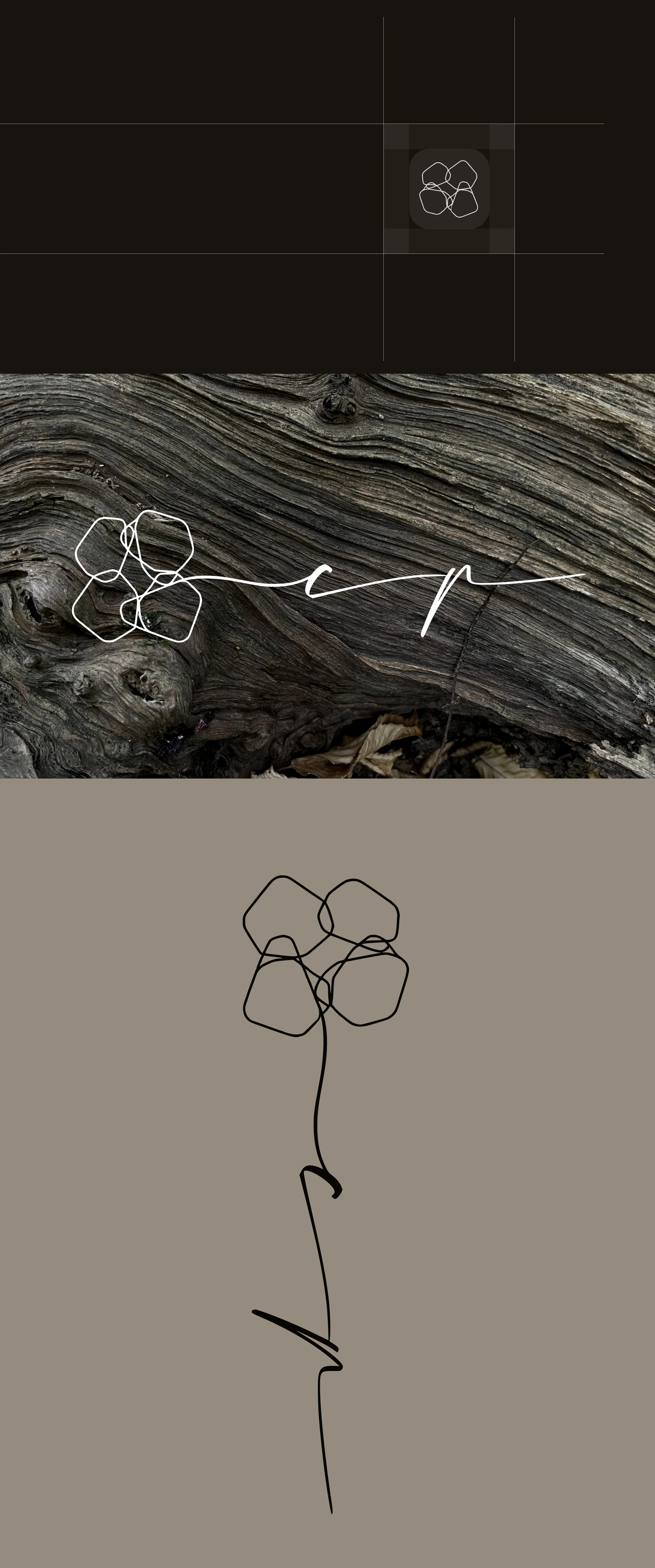 Three artistic representations of a simple line drawing of a cluster of four overlapping squares connected by a single line, depicted on different textured backgrounds: black with white lines, weathered wood with white lines, and beige with black lin
