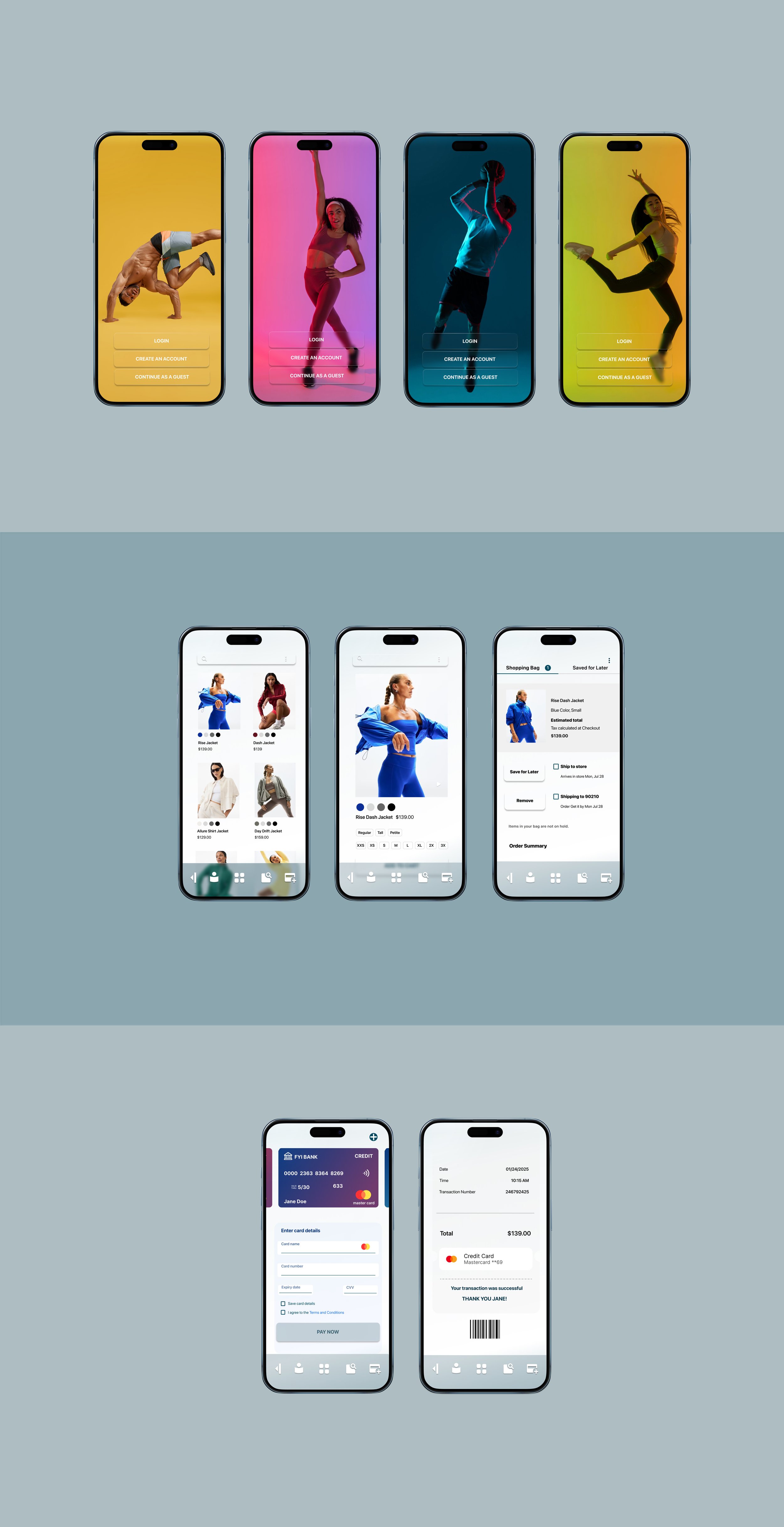 Collection of three smartphones displaying a fashion shopping app, showcasing a blue jacket, a white blazer, and a grey jacket, with detailed product views and purchase confirmation screens.