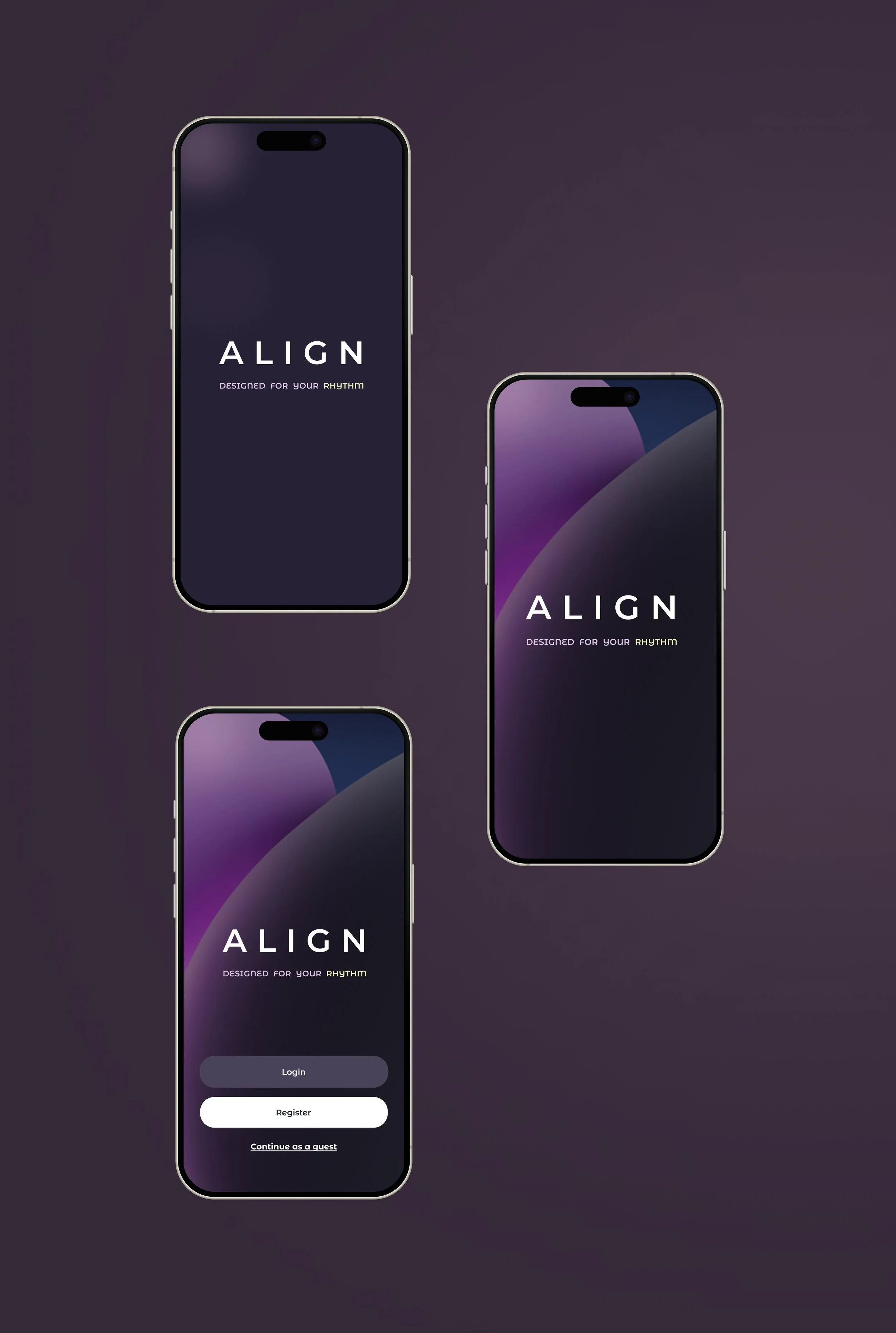 Multiple smartphones with a dark background display the app 'ALIGN,' which is designed for rhythm, showing a login screen with options to login, register, or continue as a guest.