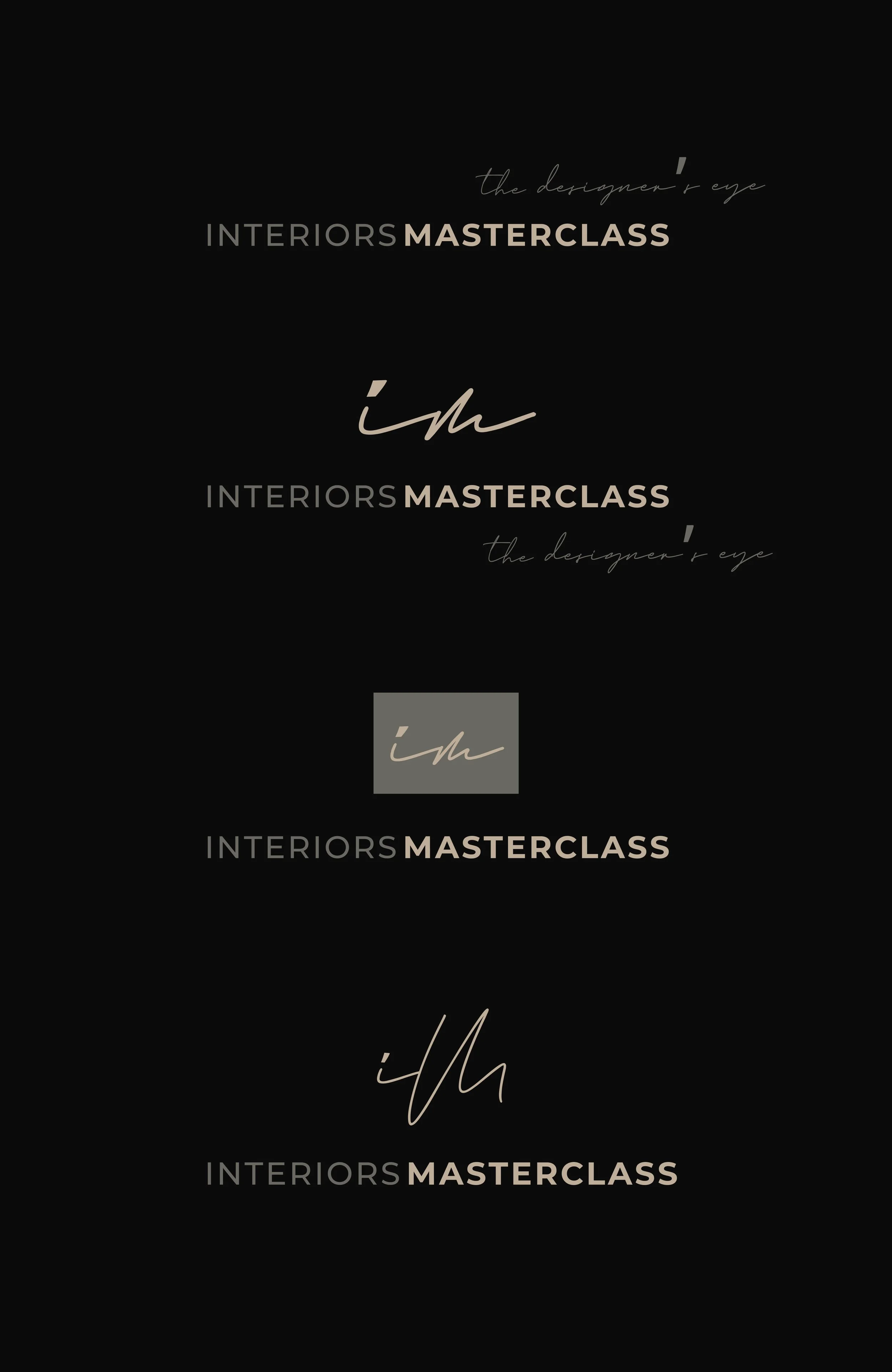 Text repeated multiple times on a black background reading 'Interior's Masterclass' with a handwritten-style 'me' in the center and 'the designer's eye' in smaller words at the top and the bottom.