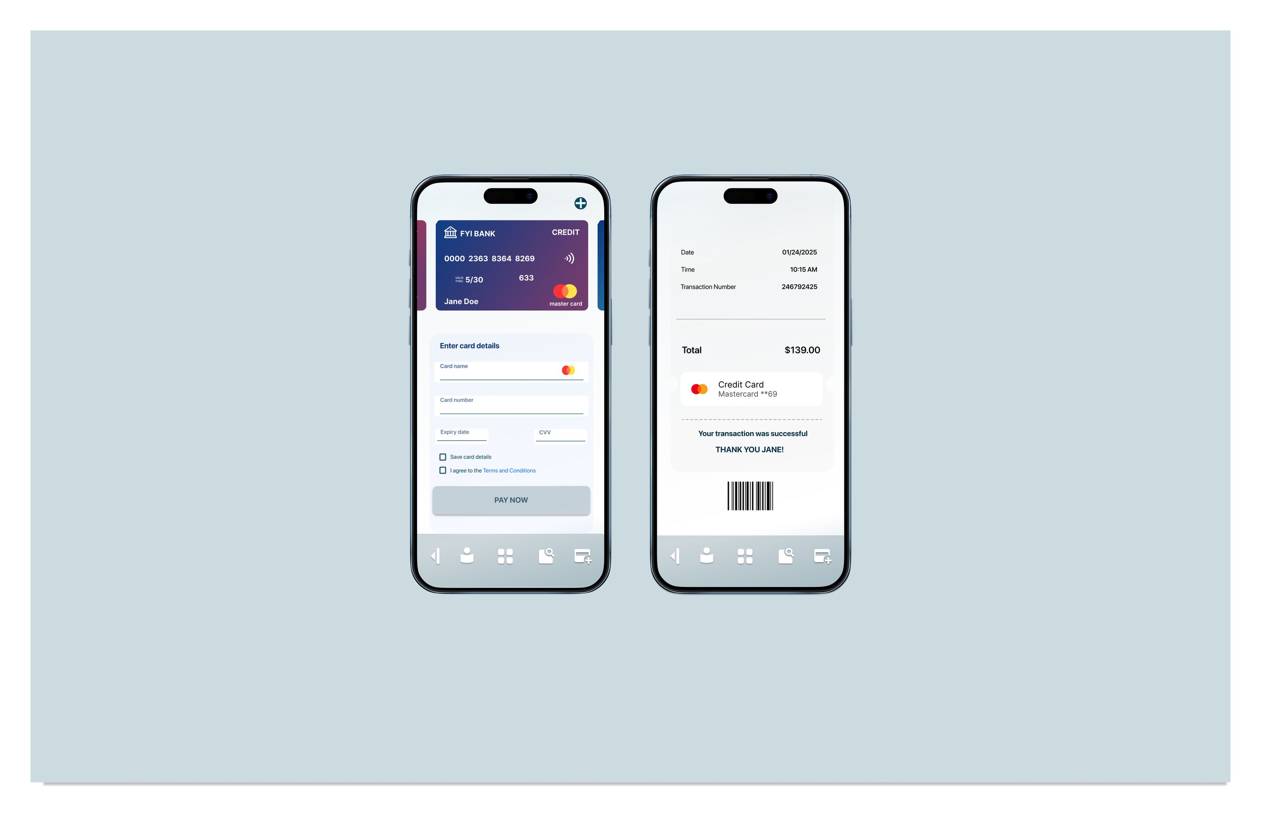 Mobile checkout flow for a workout clothing app showing credit card payment form and order confirmation screen.