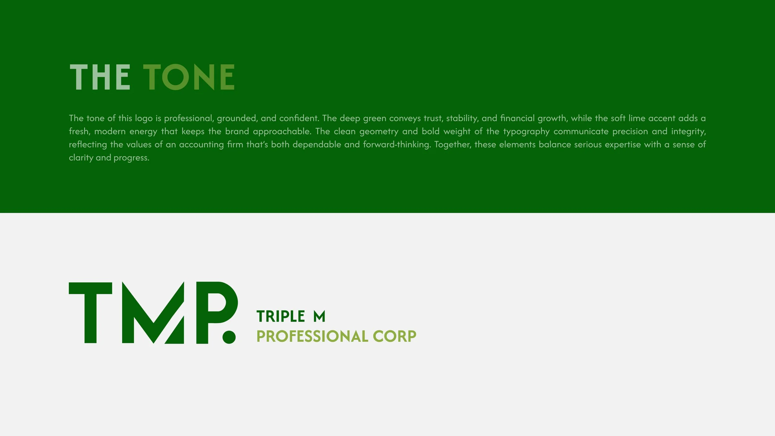 TMP accounting branding presentation explaining logo tone and visual direction
