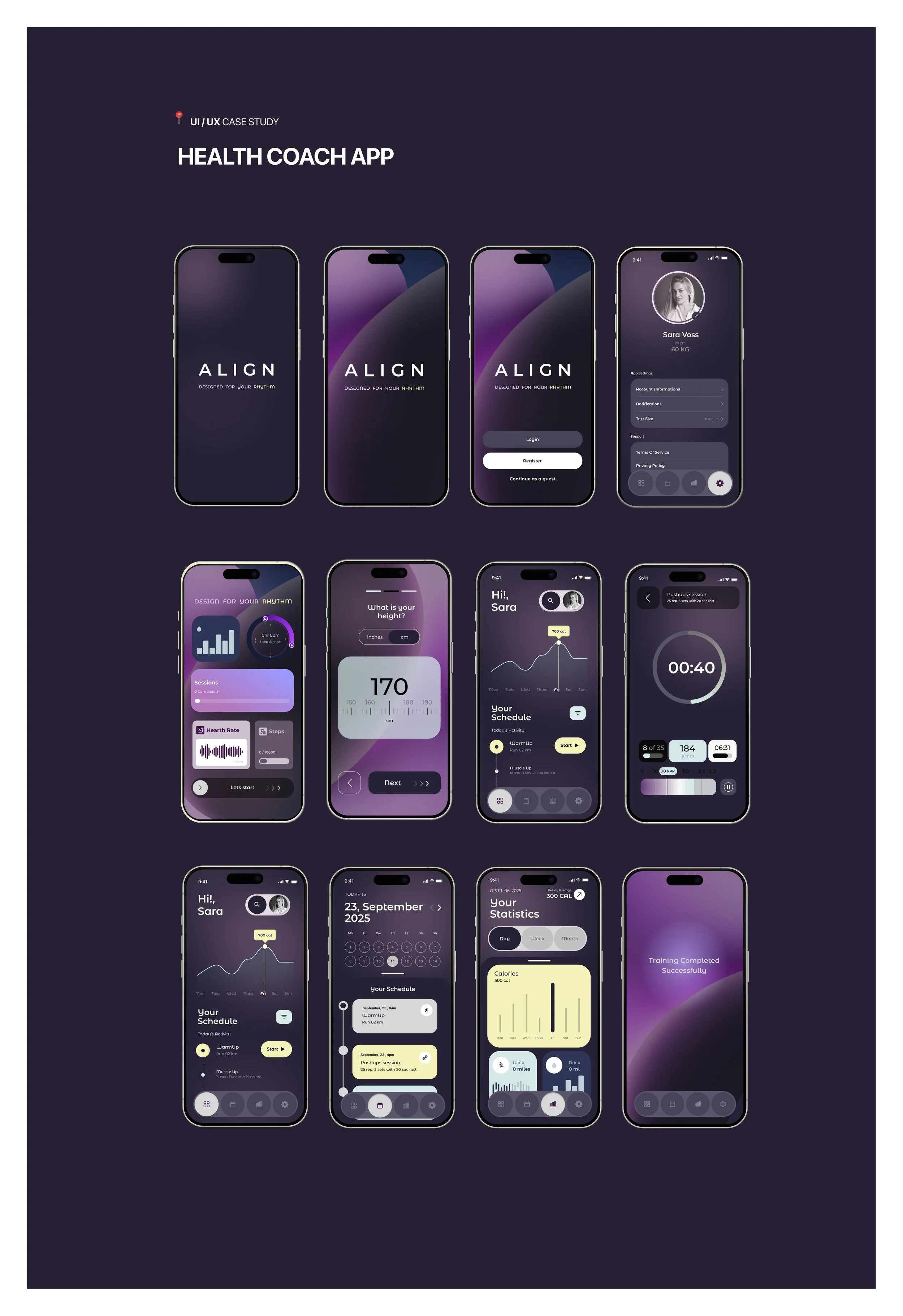 User interface designs for a health coach mobile application, showing onboarding, dashboard, and progress tracking screens.