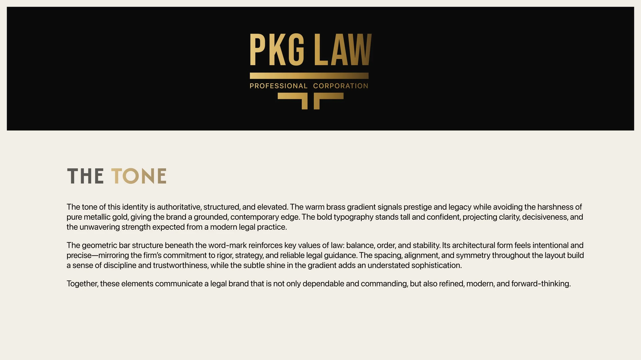 PKG Law branding presentation explaining logo tone, typography, and visual direction